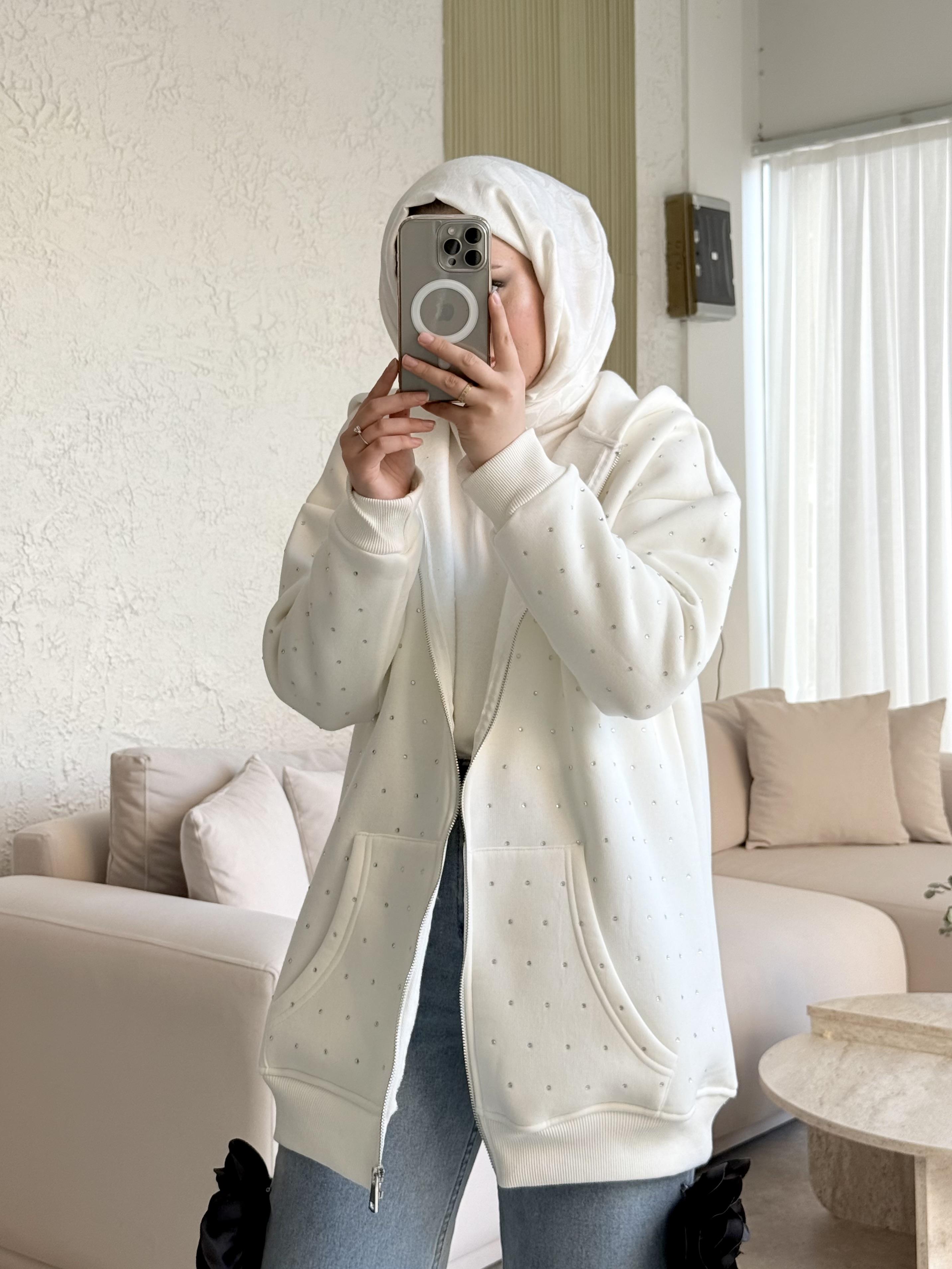 Zra model full taşlı kapüşonlu sweat-beyaz - vakronline