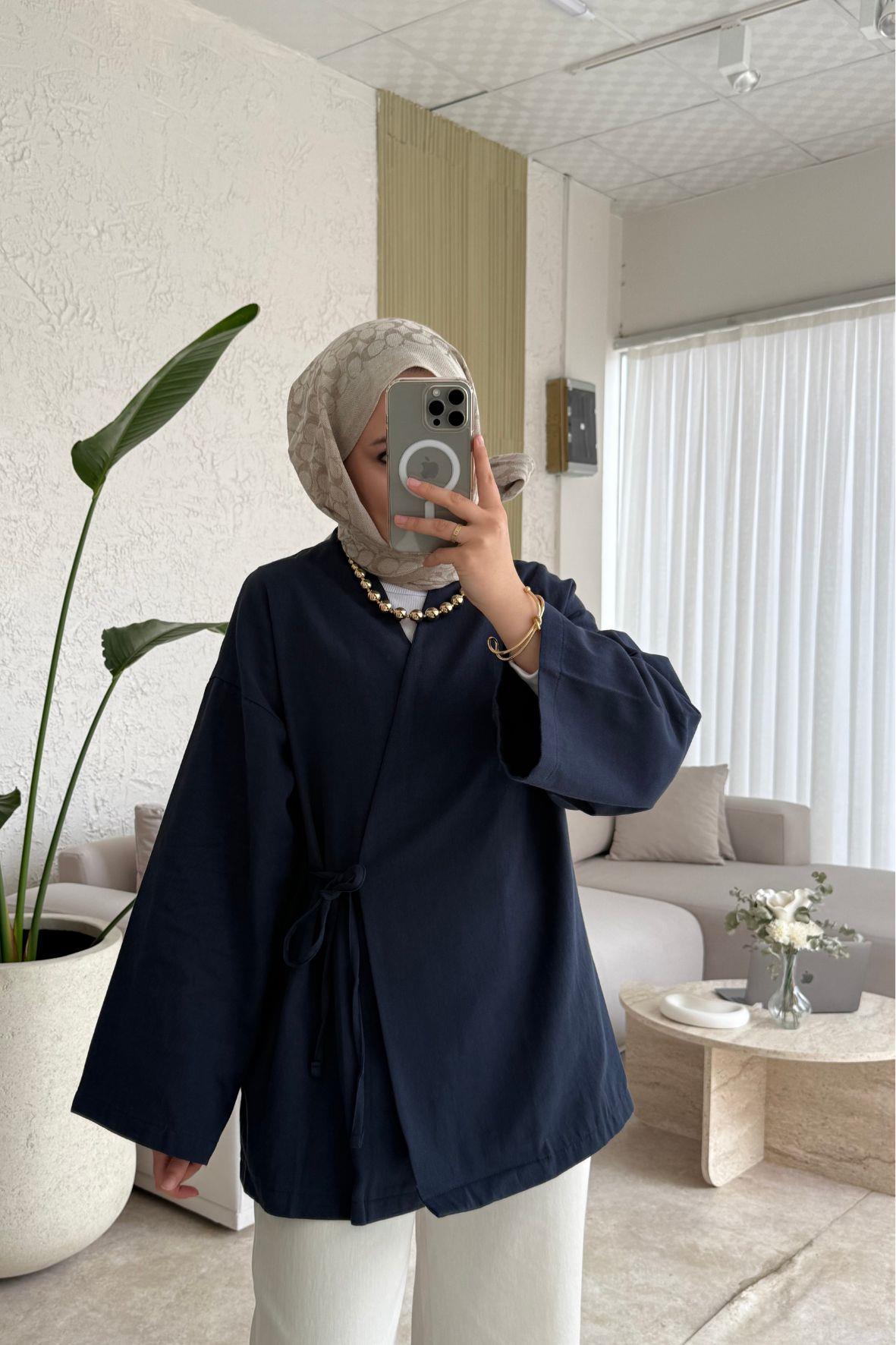 Keten yandan bağlamalı kimono-lacivert - vakronline
