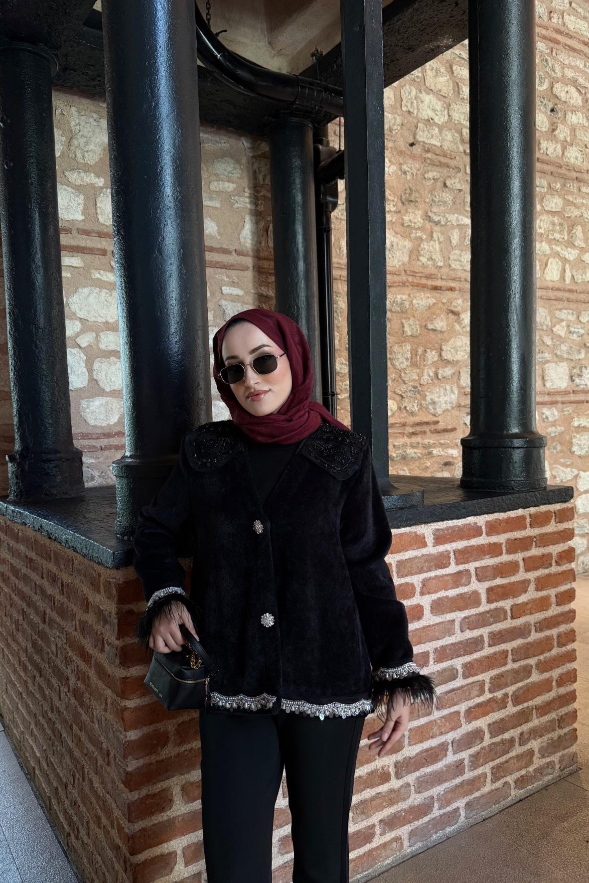 İthal Taşlı Angora Ceket-Siyah 