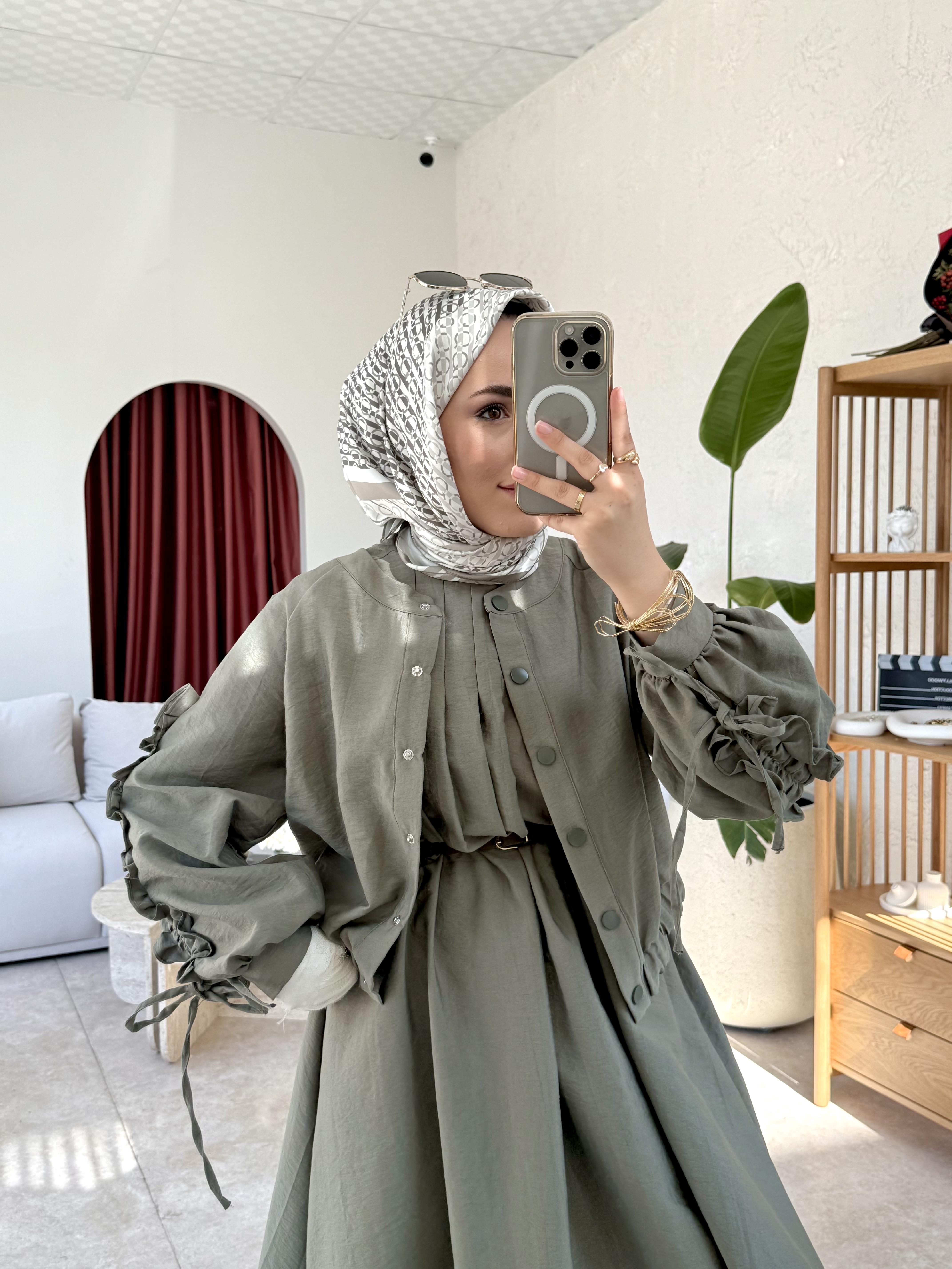 Lizya ceketli elbise-haki - vakronline