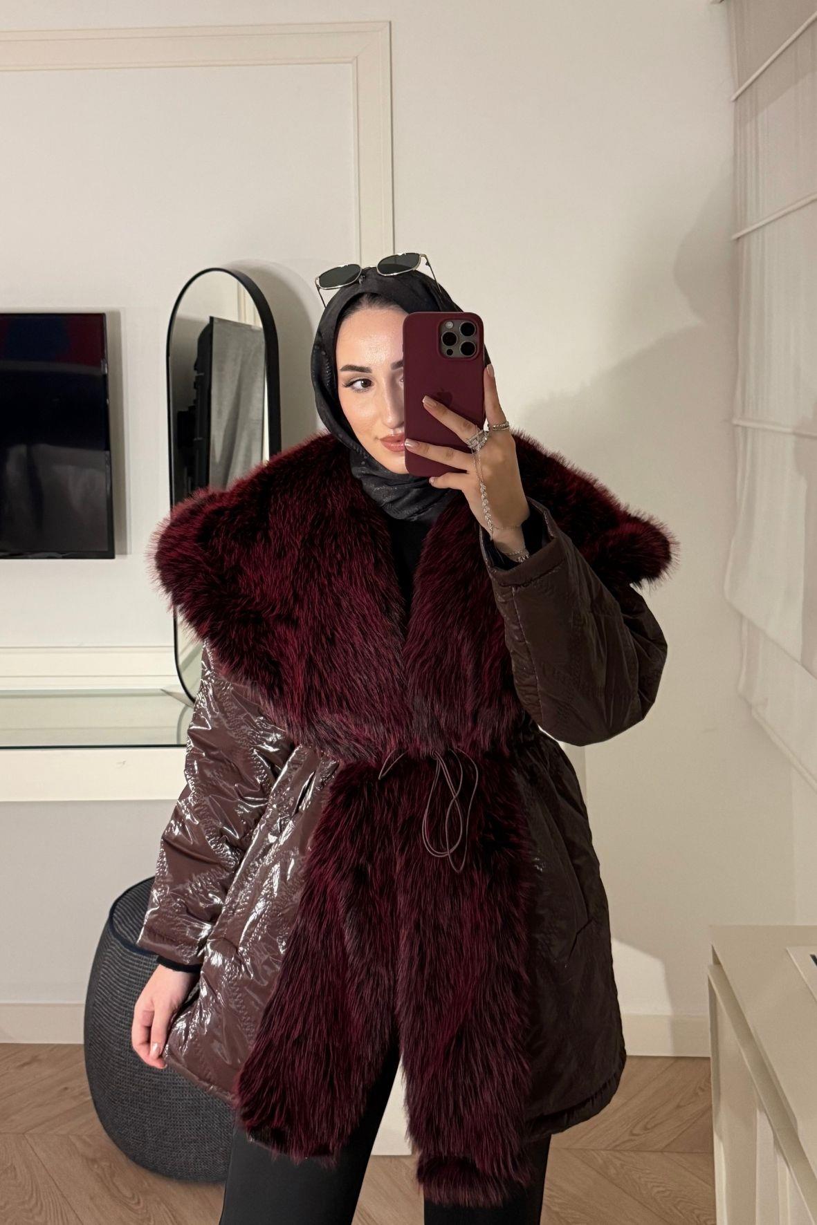 Cheny Yakası Kürklü Mont-Bordo