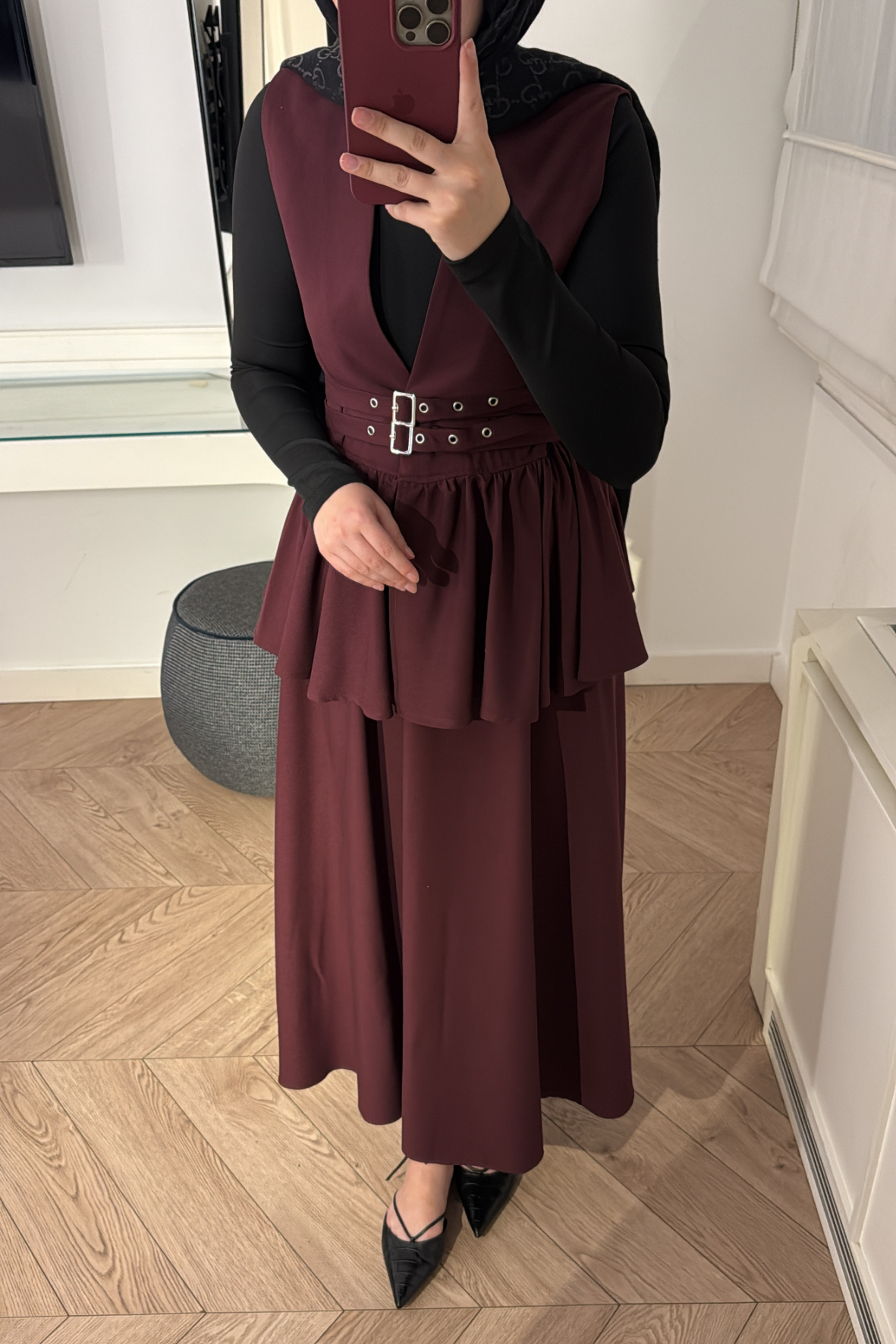 Çift Kemerli Etekli Takım-Bordo