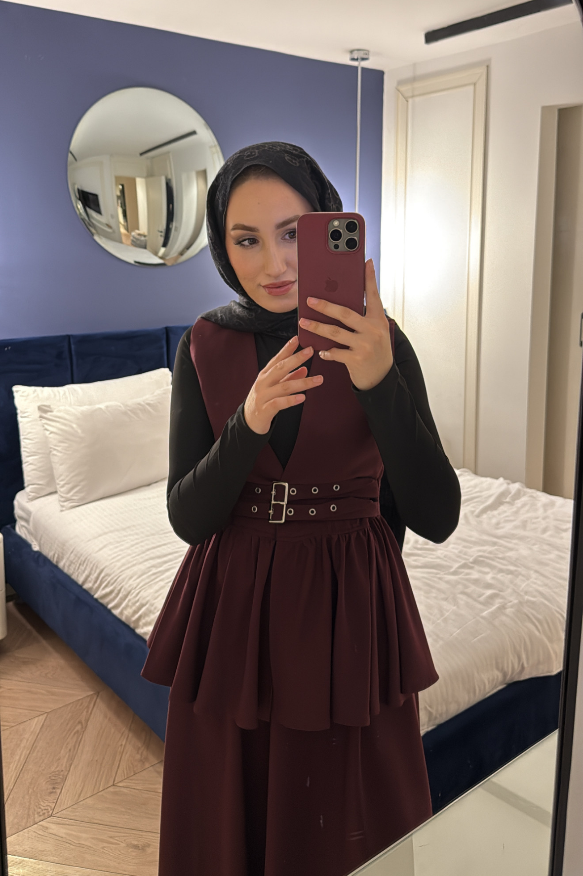 Çift Kemerli Etekli Takım-Bordo