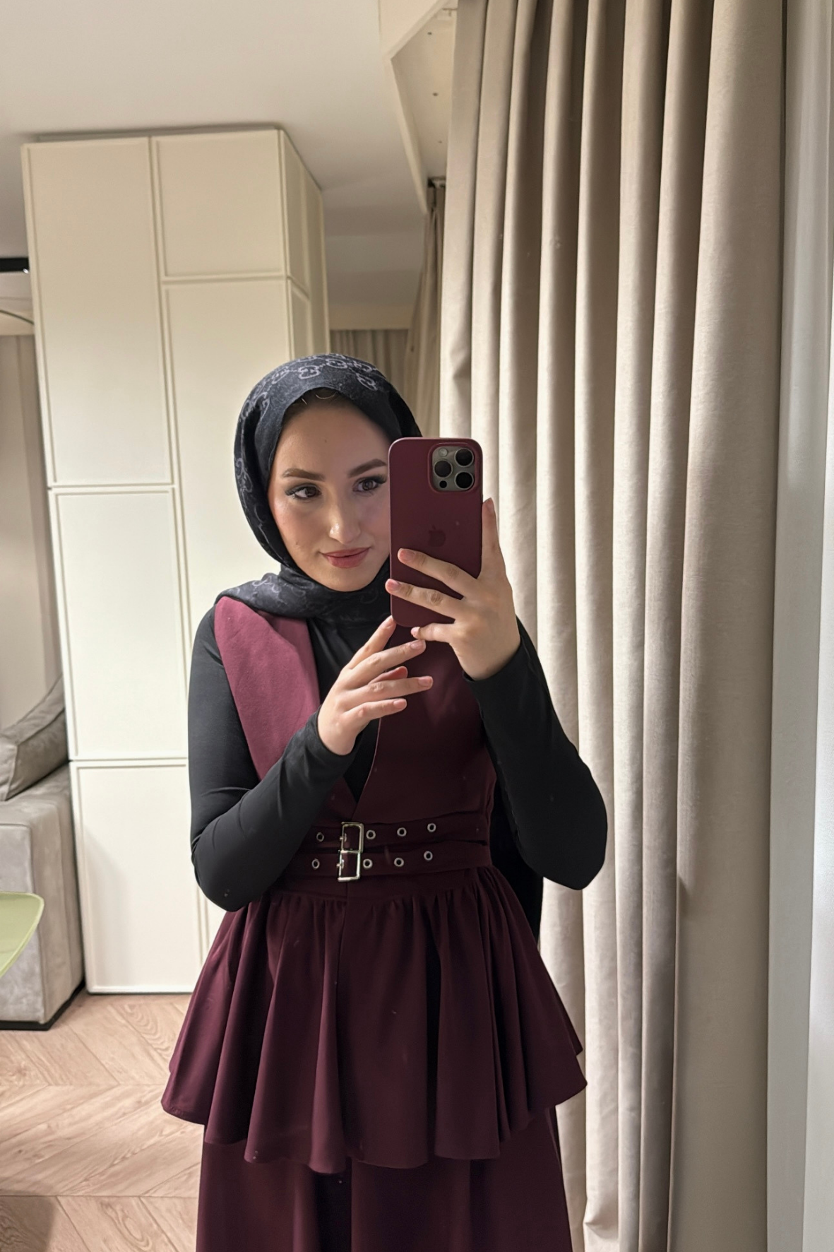 Çift Kemerli Etekli Takım-Bordo