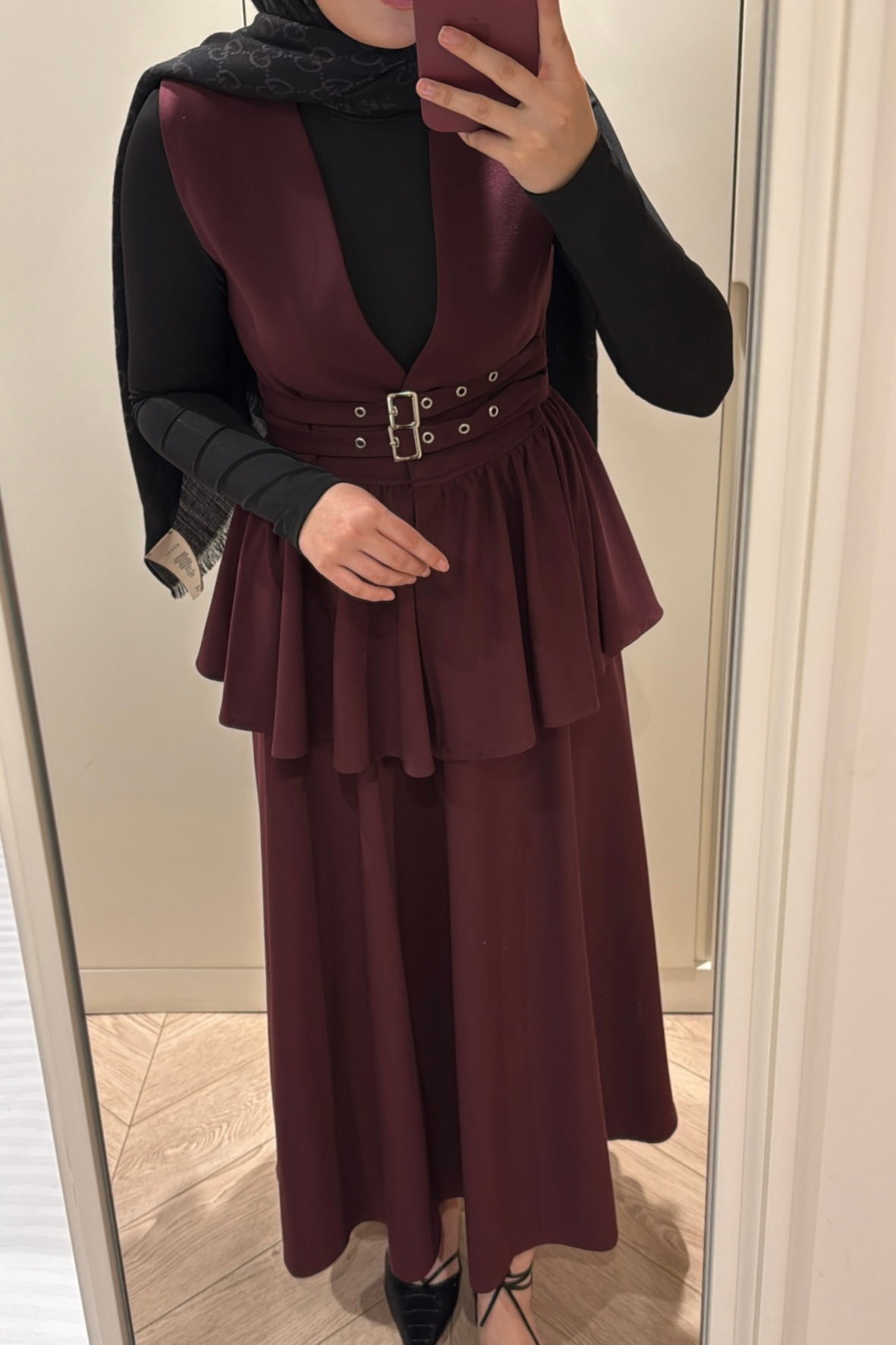 Çift Kemerli Etekli Takım-Bordo