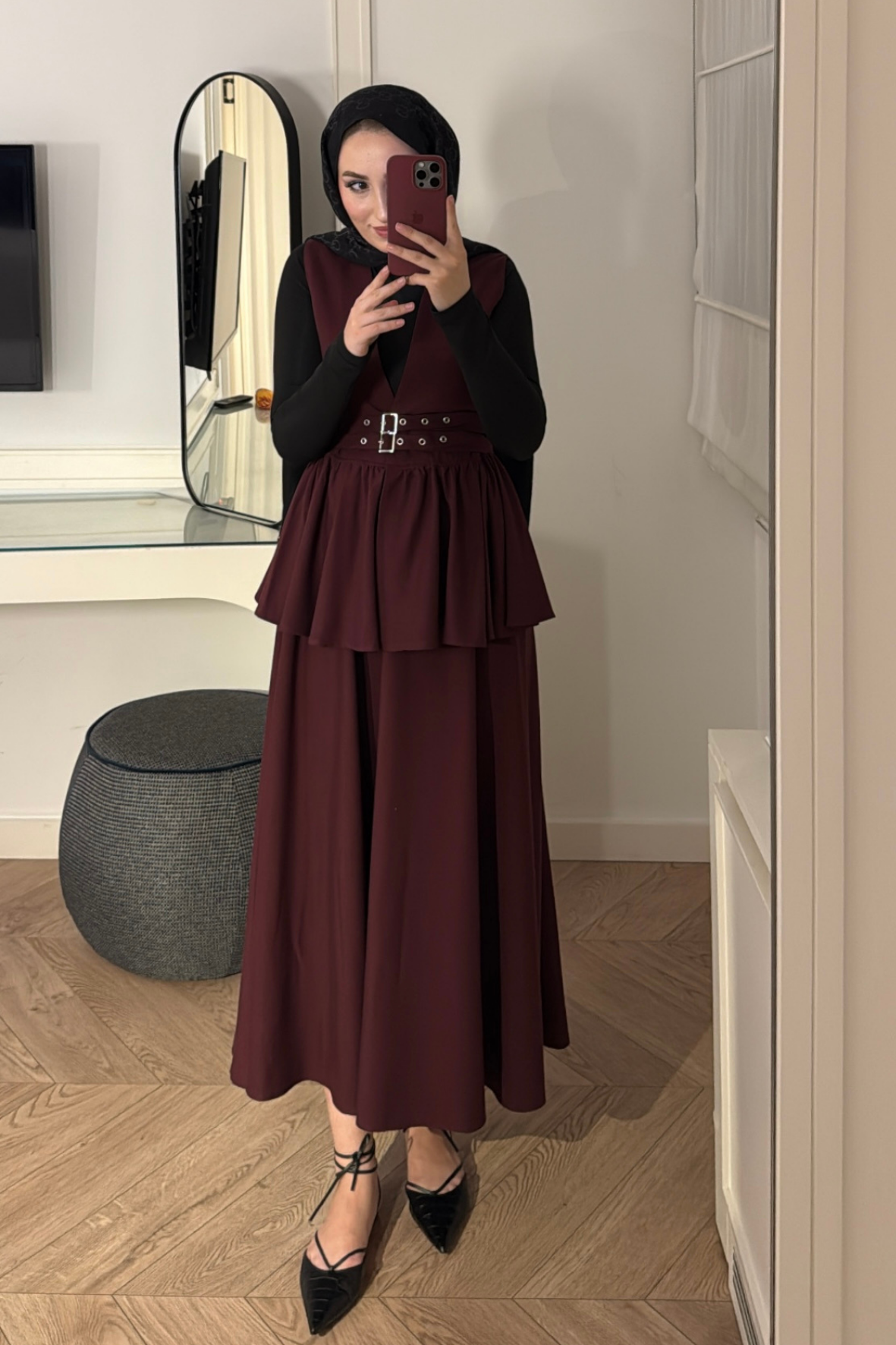 Çift Kemerli Etekli Takım-Bordo