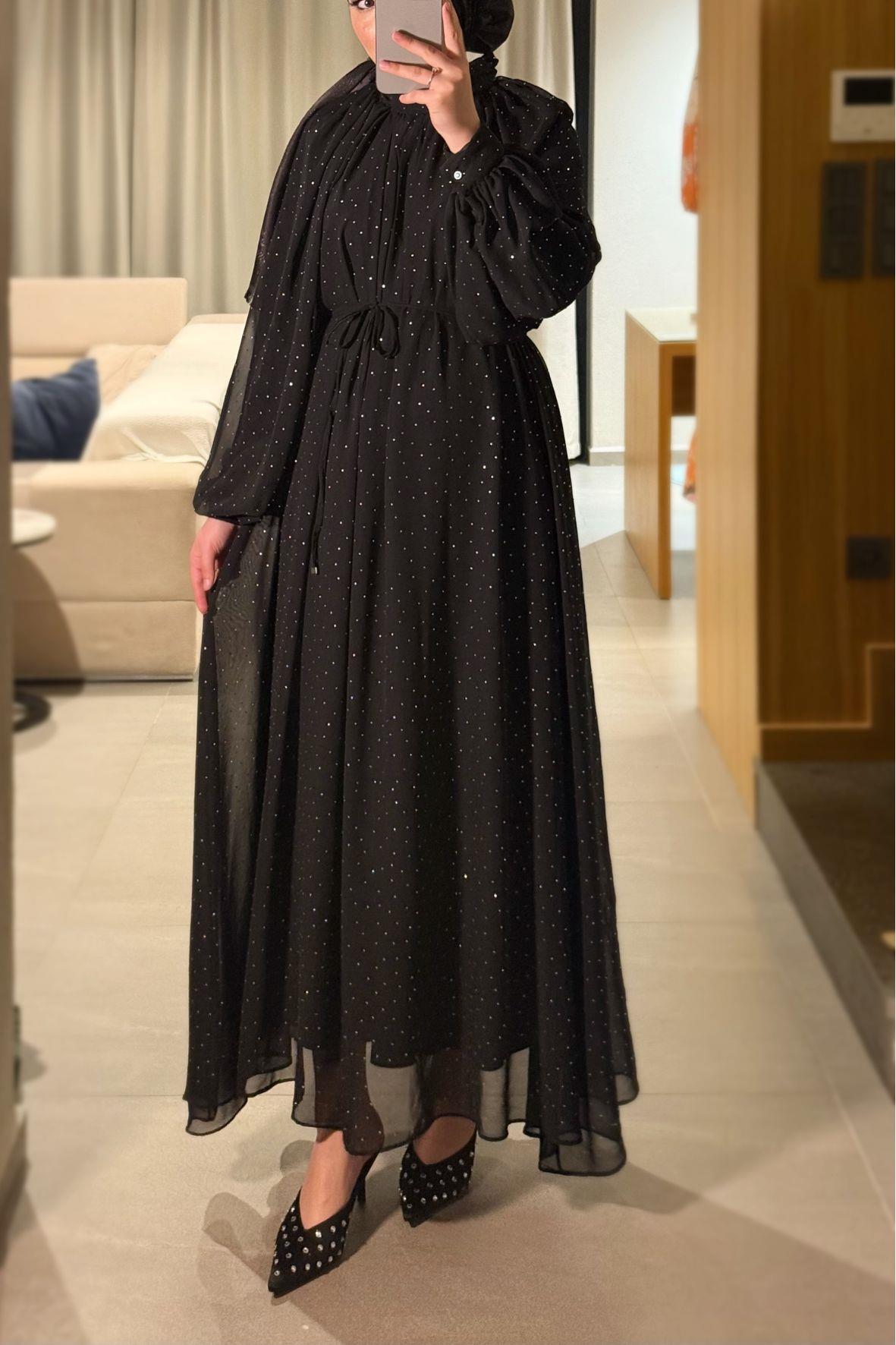 Glamour taşlı elbise-siyah - vakronline