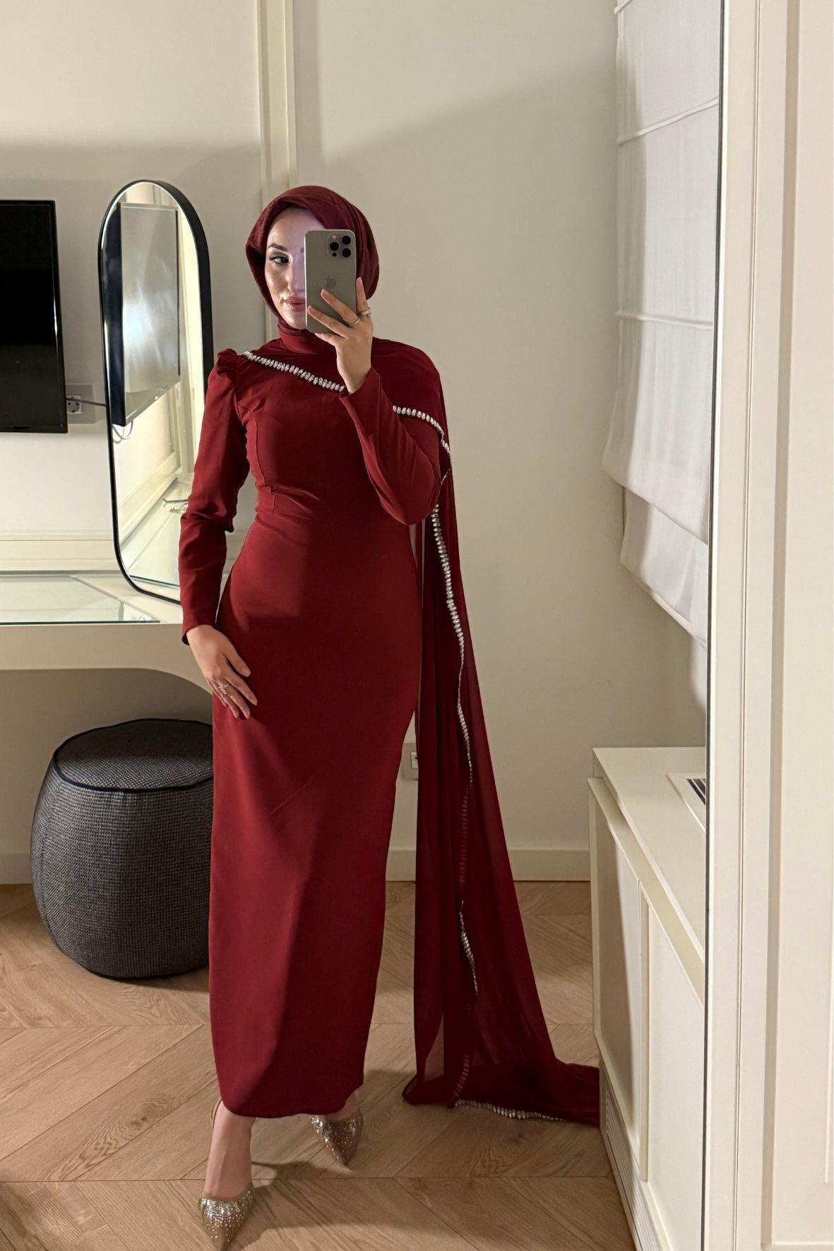 Milena Taşlı Premium Elbise-Bordo(ÖN SİPARİŞ)