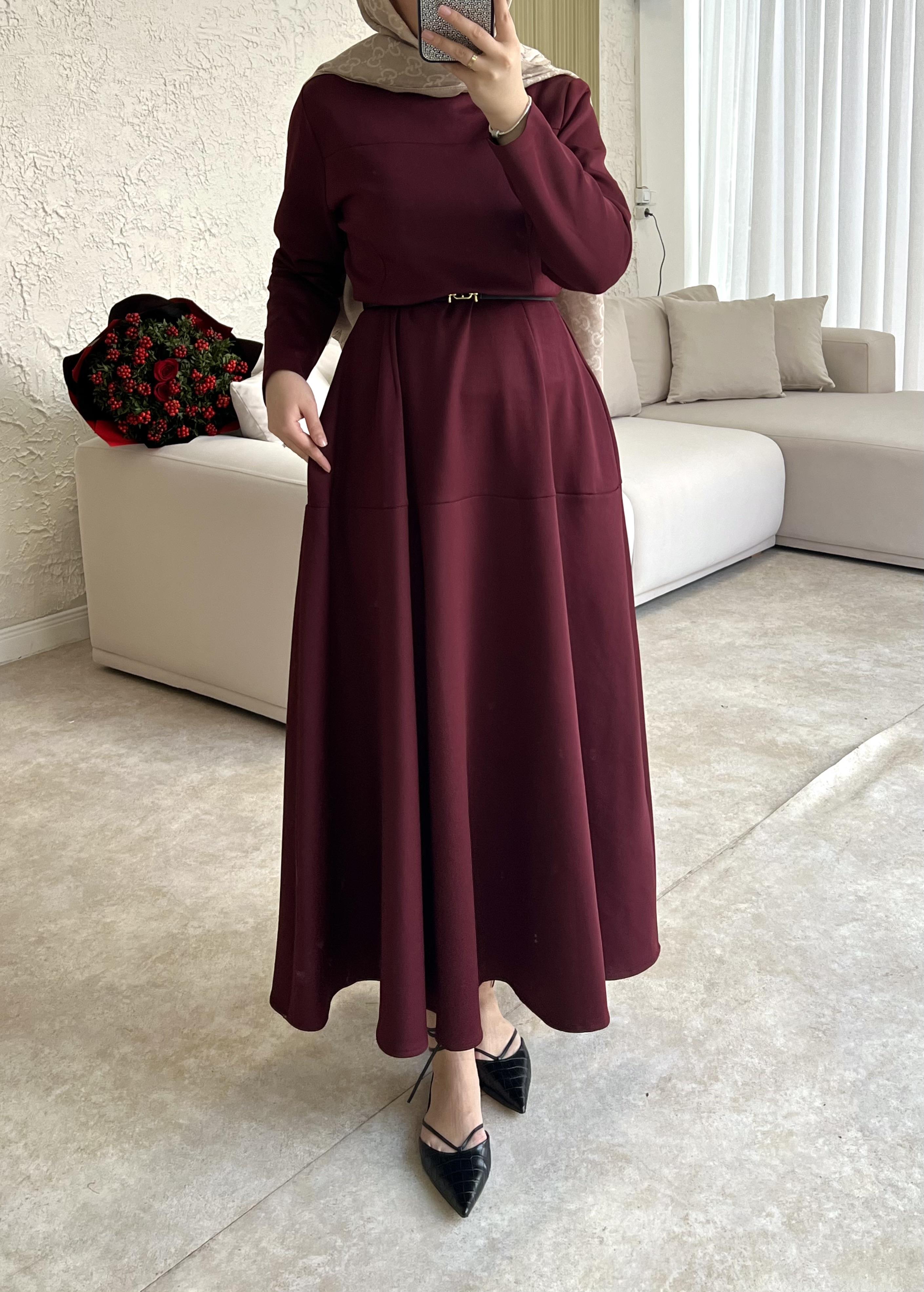 Dara kemerli scuba elbise-bordo - vakronline