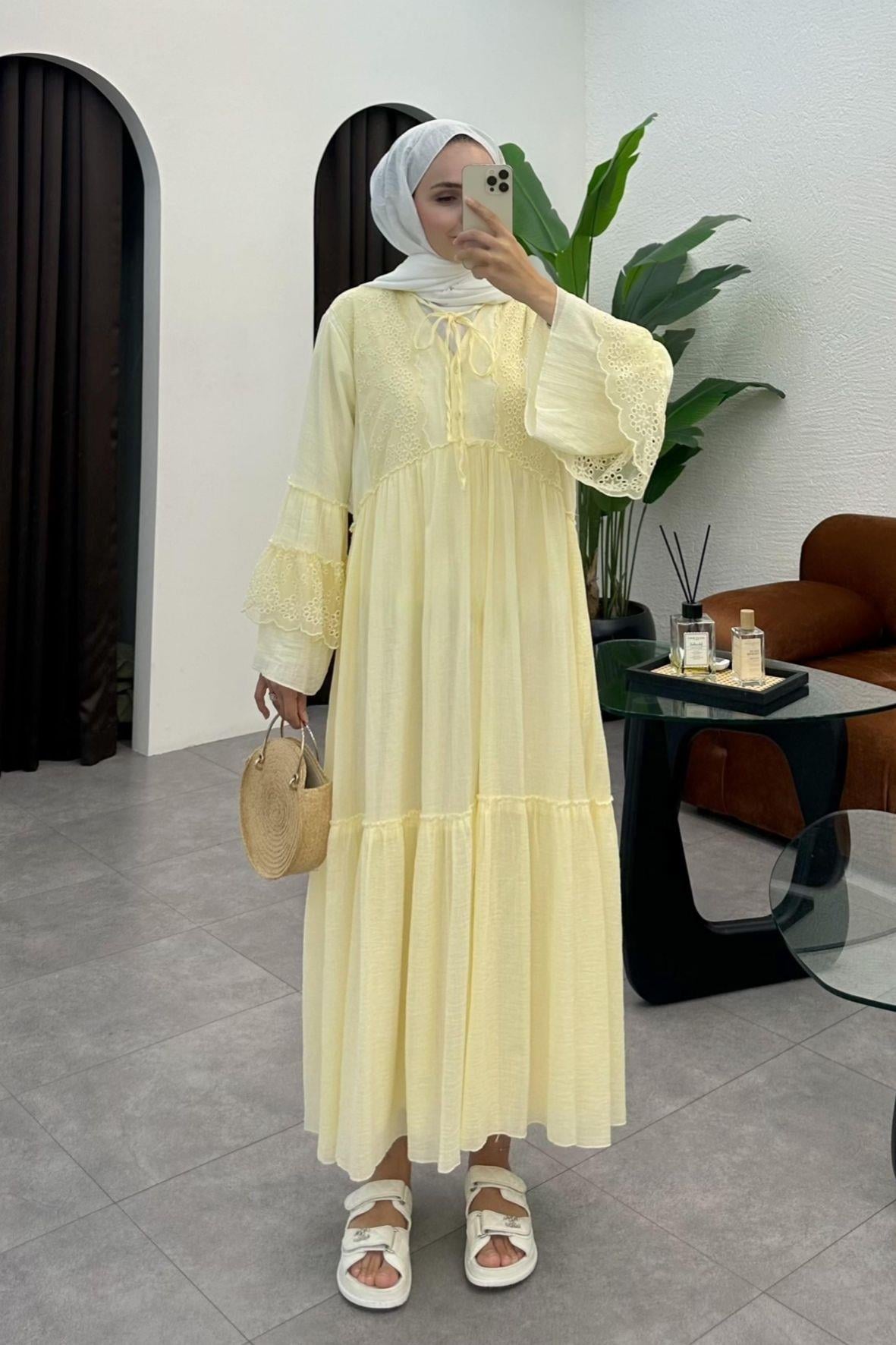Monila Dantel Detaylı Premium Elbise-Yellow