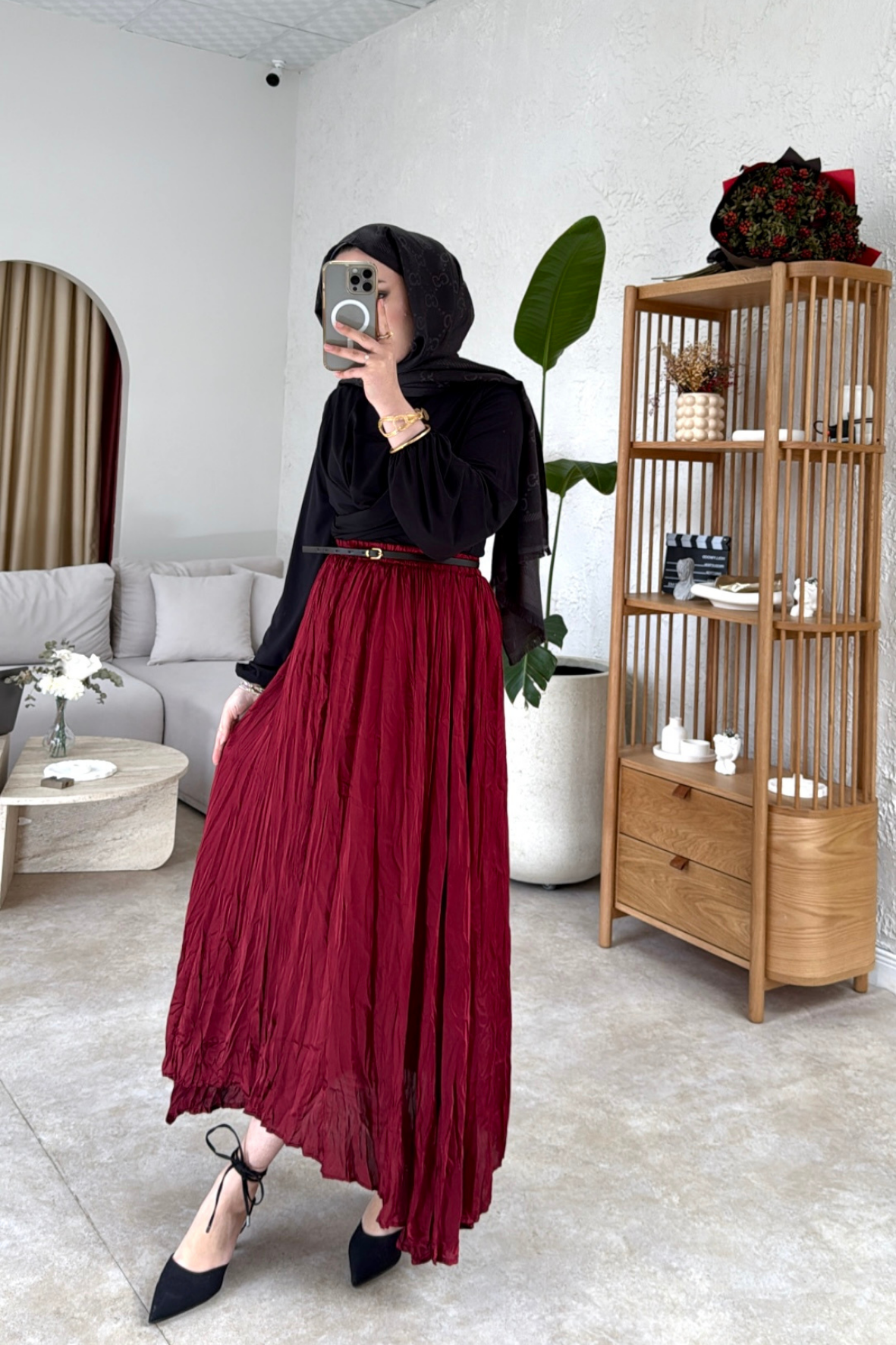 Saten kraş etek-bordo - vakronline