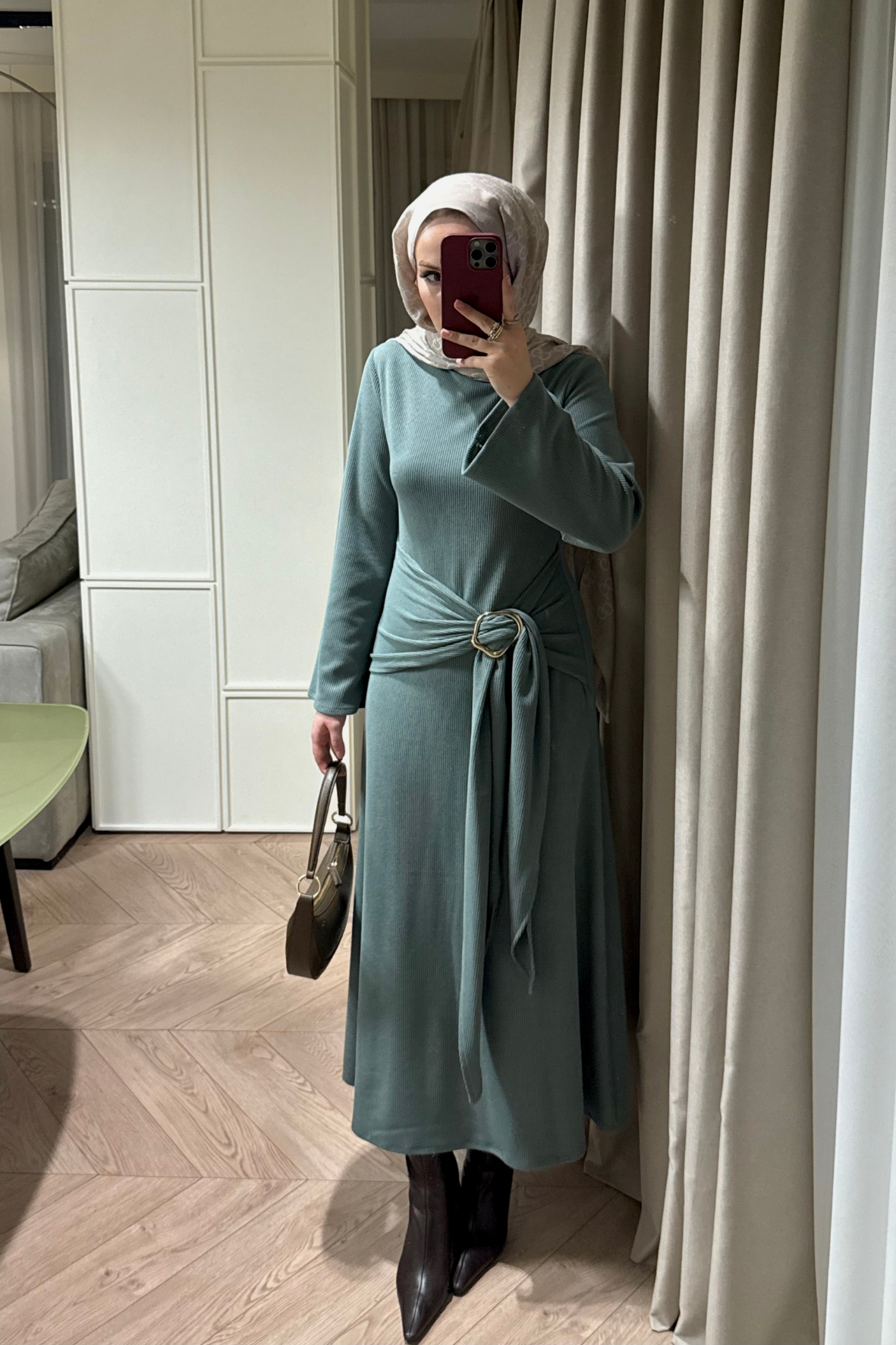 Diana Önden Bağlamalı Triko Elbise-Çağla