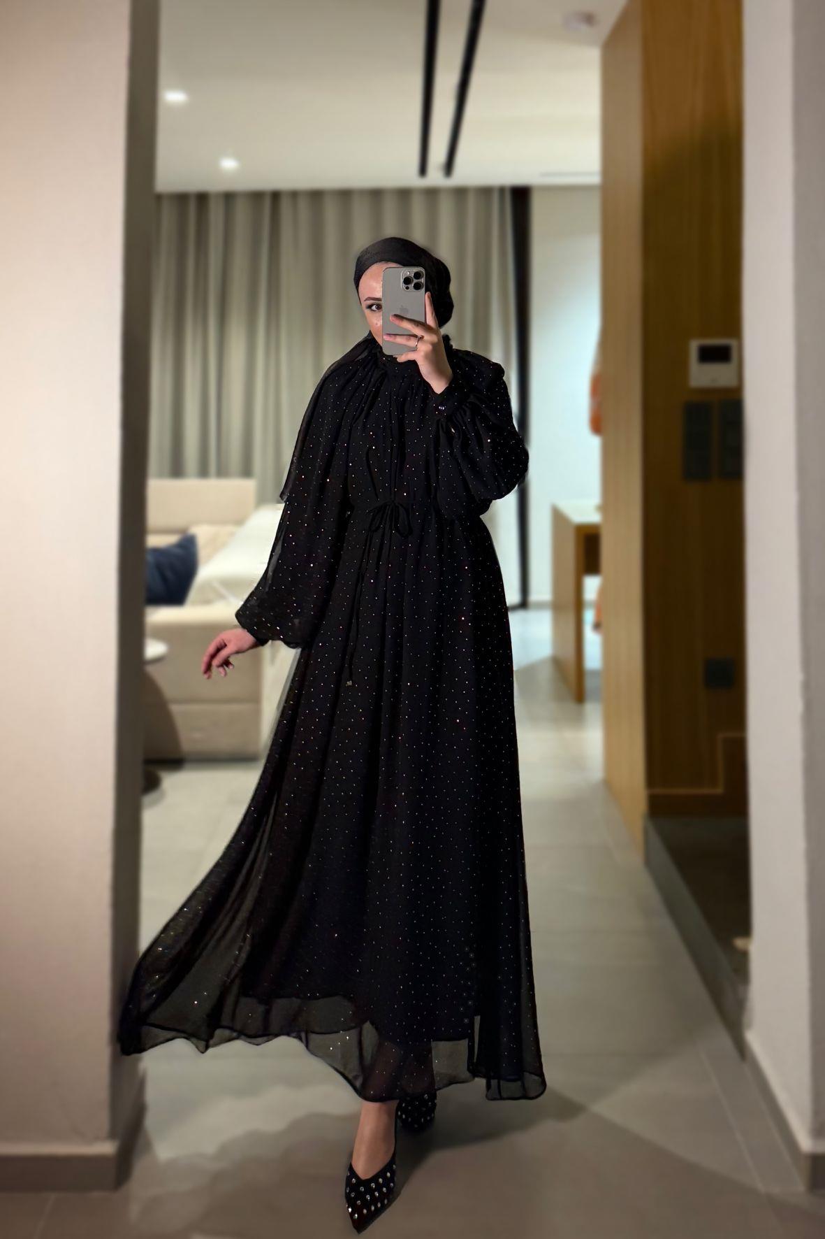 Glamour taşlı elbise-siyah - vakronline