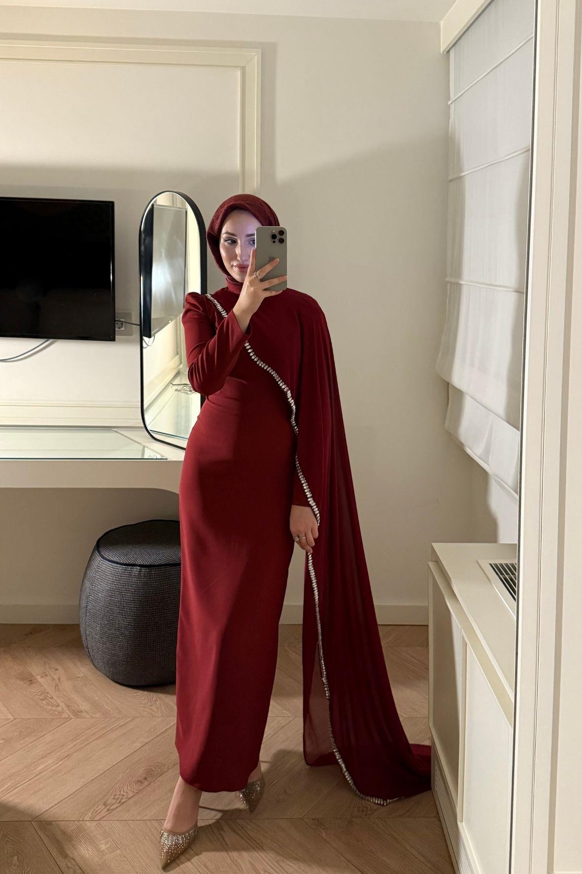 Milena Taşlı Premium Elbise-Bordo(ÖN SİPARİŞ)