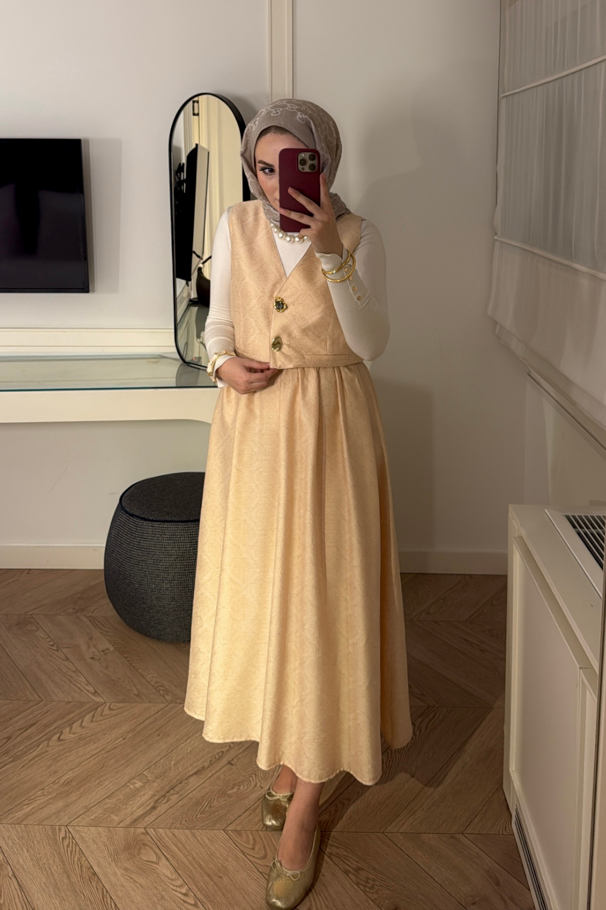Farah Gold Düğmeli Etekli Takım-Bej