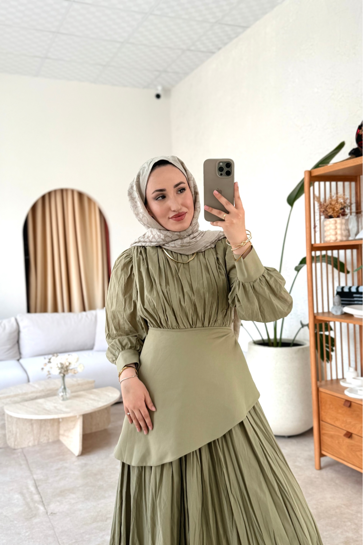 Monna vual kraşlı elbise zeytin yeşilli - Vakronline