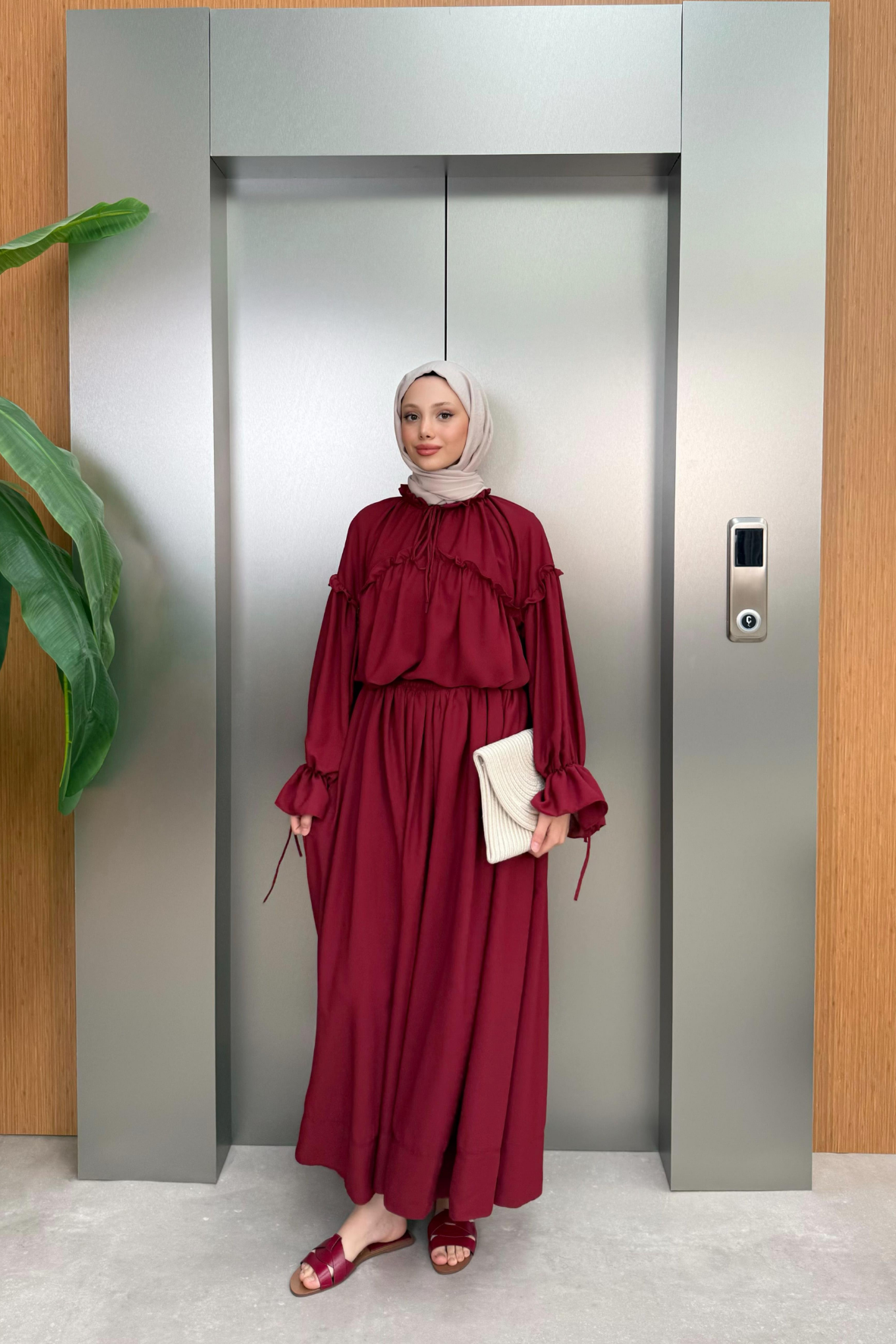 Fırfırlı Şifon Pantolonlu Takım-Bordo
