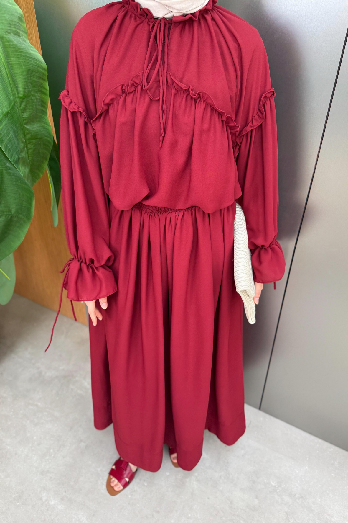 Fırfırlı Şifon Pantolonlu Takım-Bordo