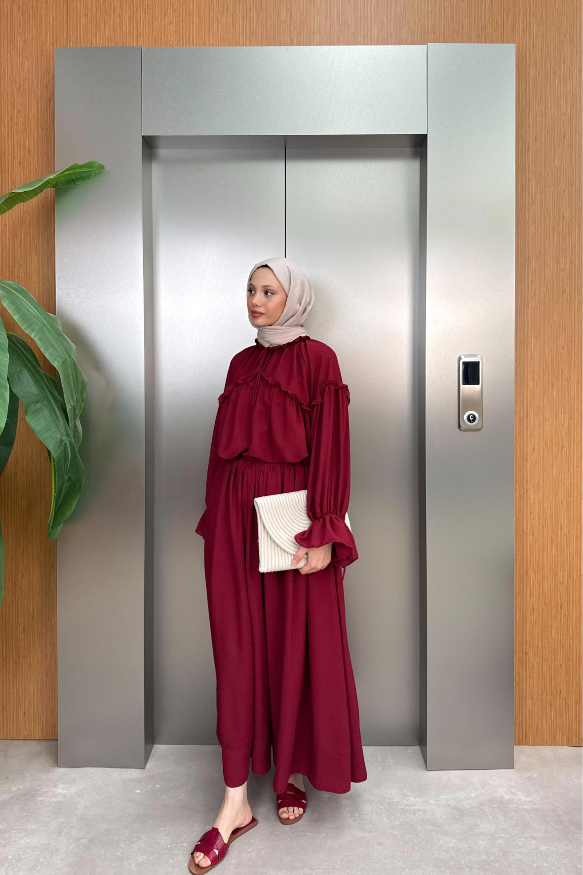 Fırfırlı Şifon Pantolonlu Takım-Bordo