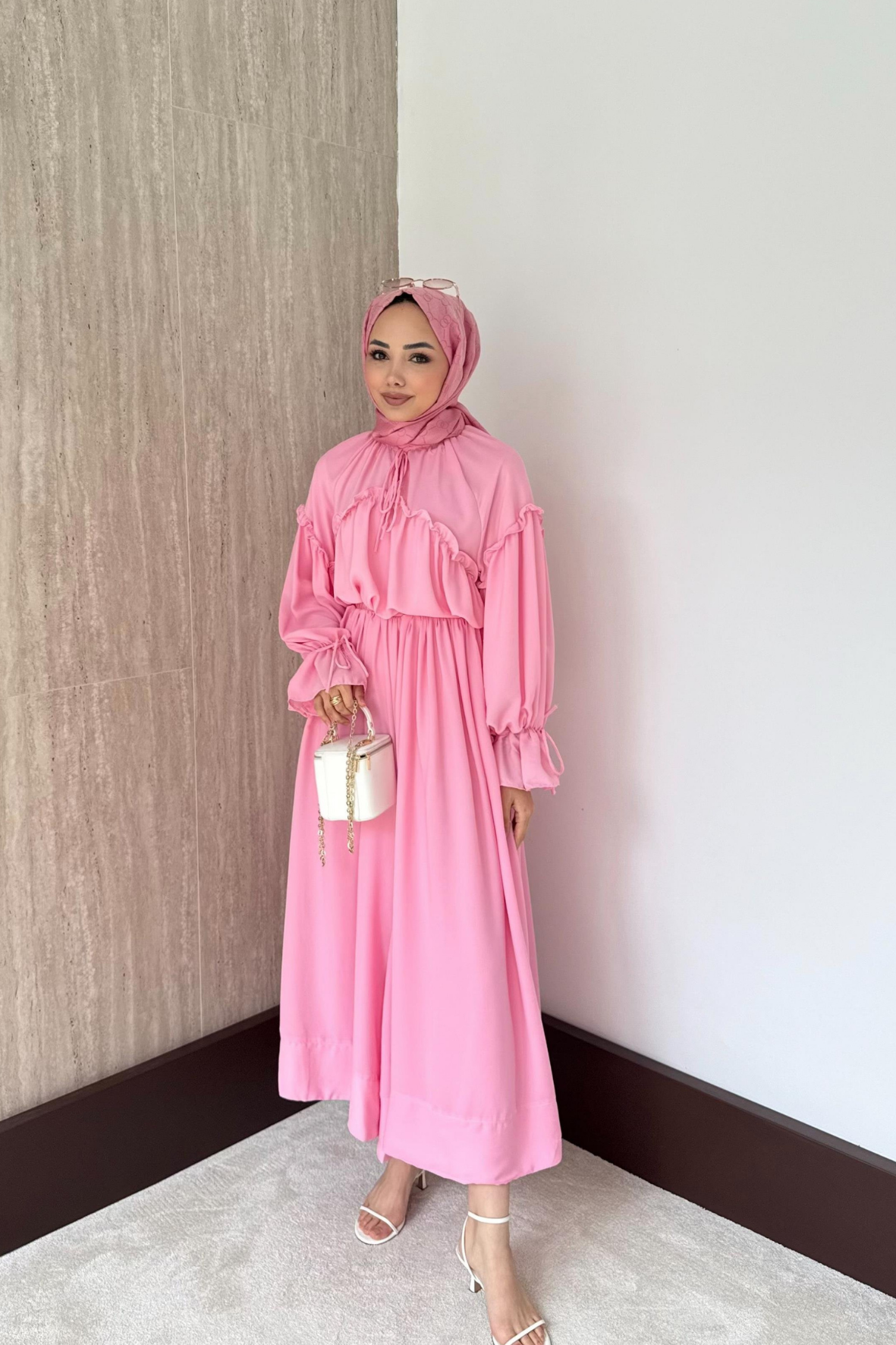 Fırfırlı Şifon Pantolonlu Takım-Pembe