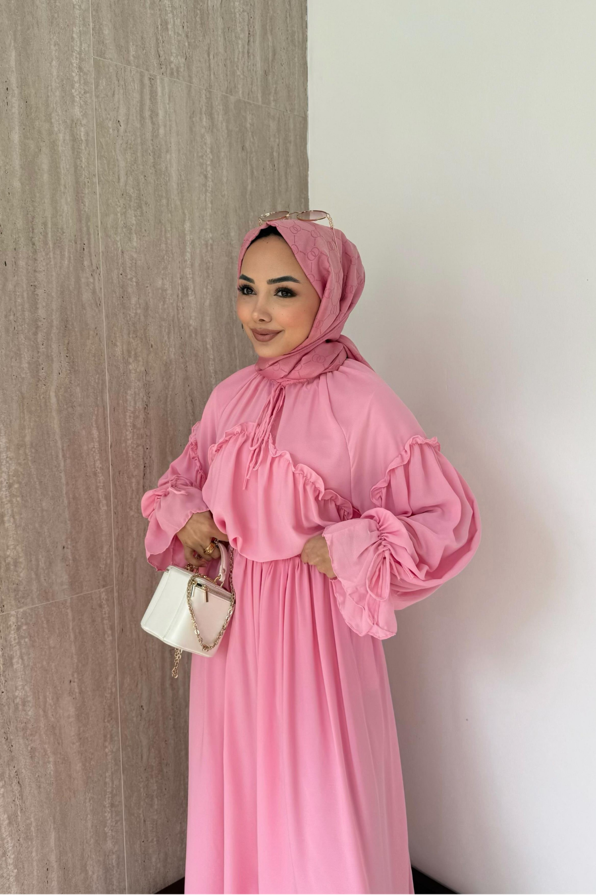 Fırfırlı Şifon Pantolonlu Takım-Pembe