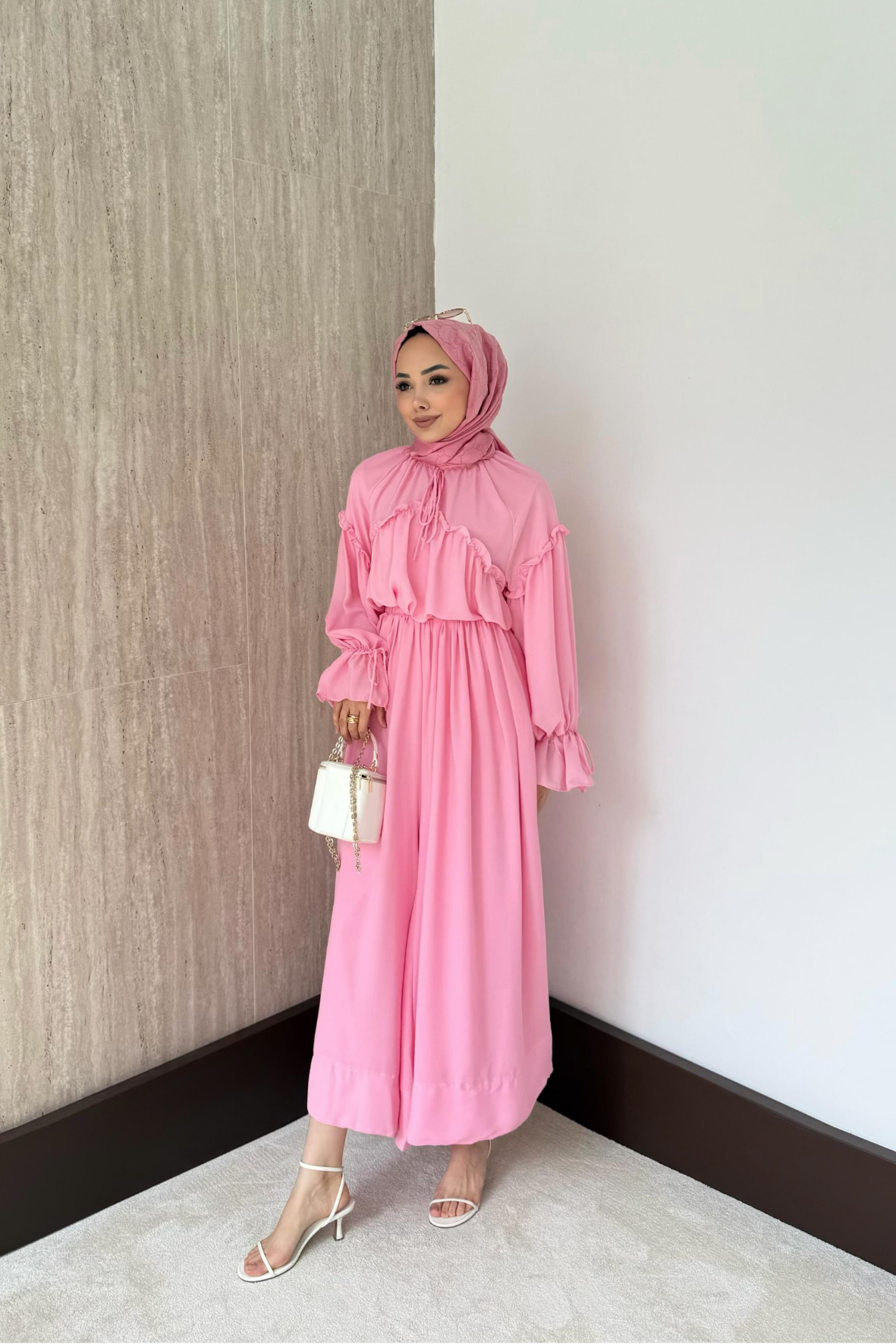 Fırfırlı Şifon Pantolonlu Takım-Pembe