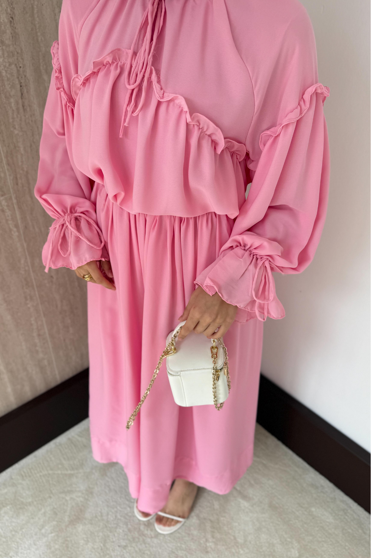 Fırfırlı Şifon Pantolonlu Takım-Pembe