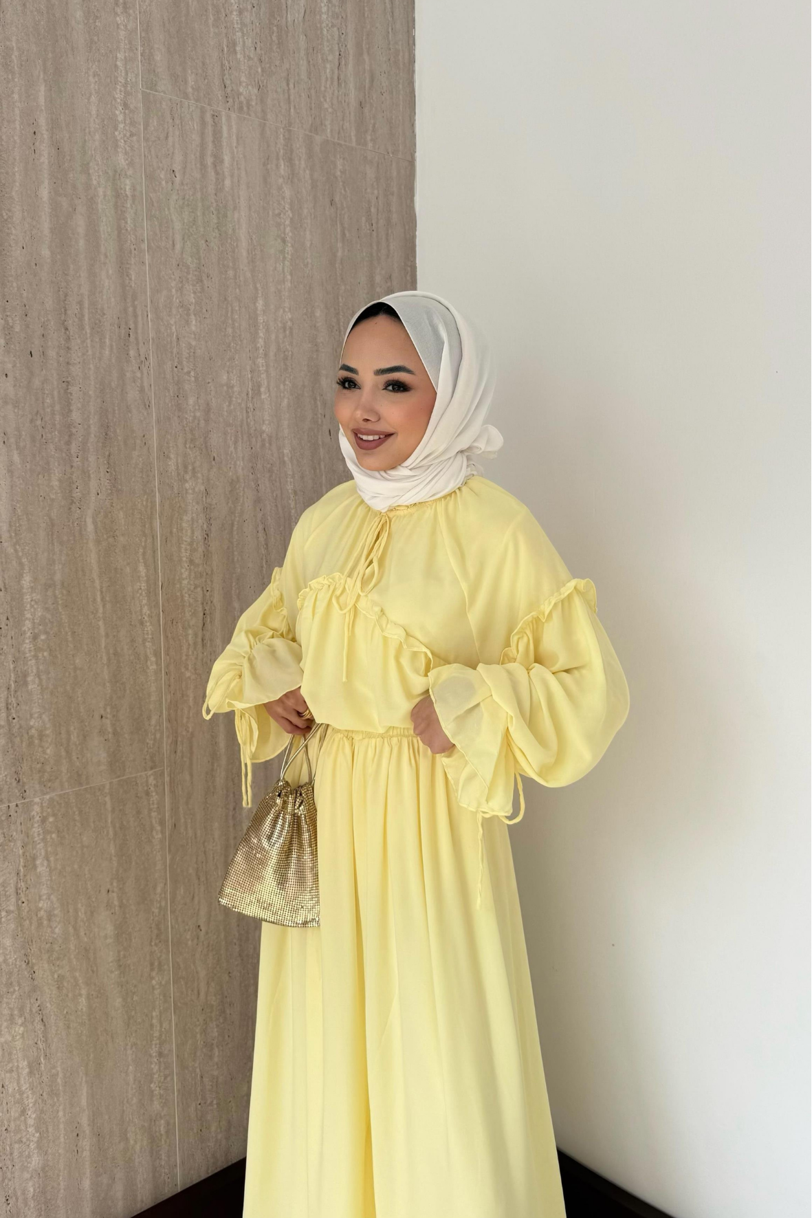 Fırfırlı Şifon Pantolonlu Takım-Sarı