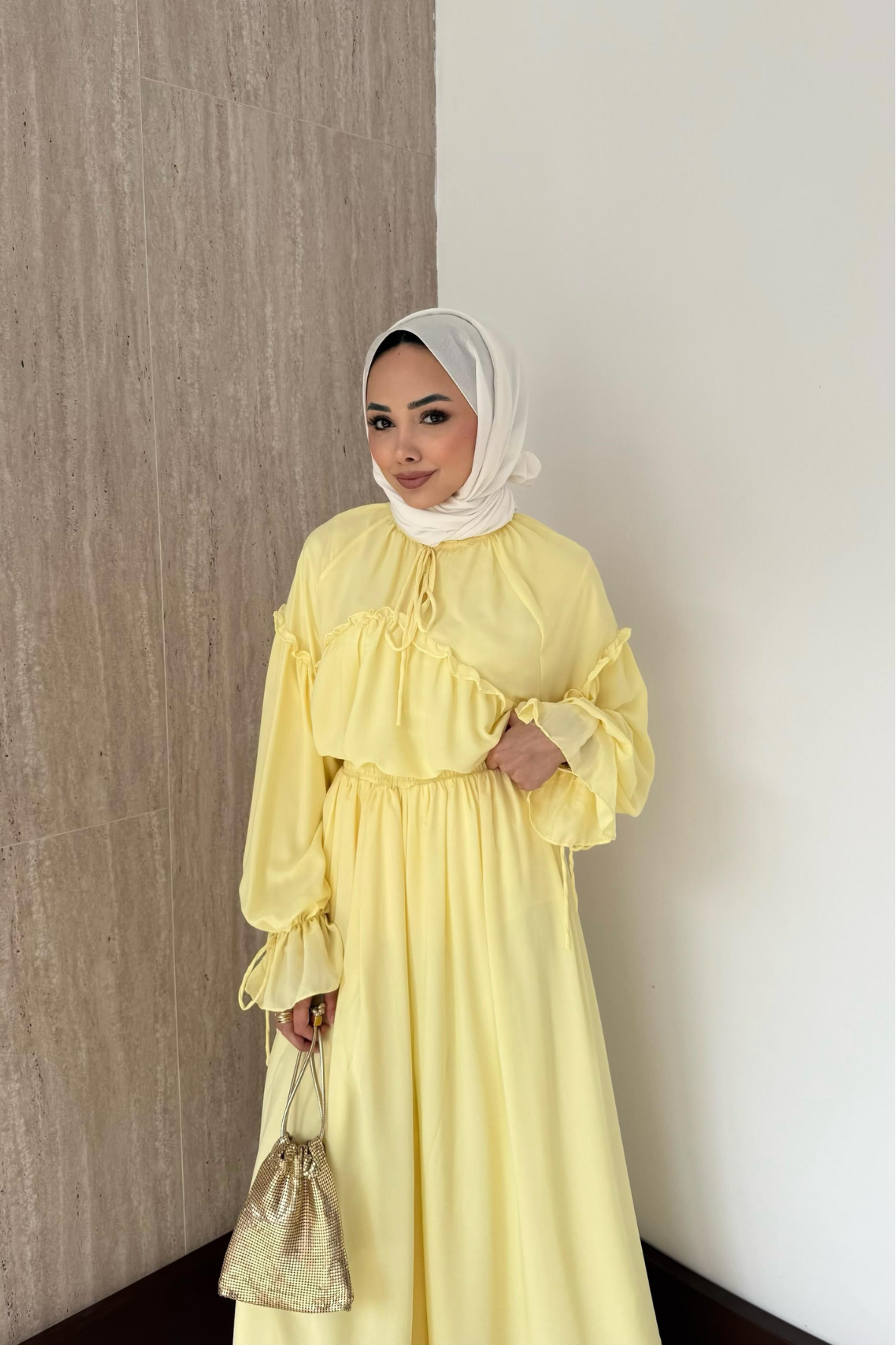 Fırfırlı Şifon Pantolonlu Takım-Sarı