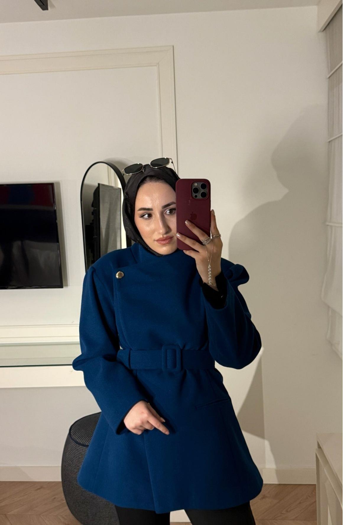 Vole Geniş Yakalı Kaşe Kaban-lacivert