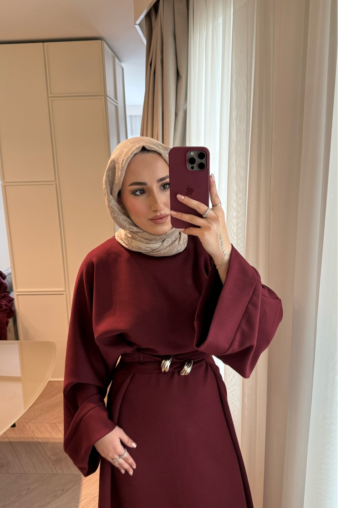 Giza Belden Kemerli Elbise-Bordo
