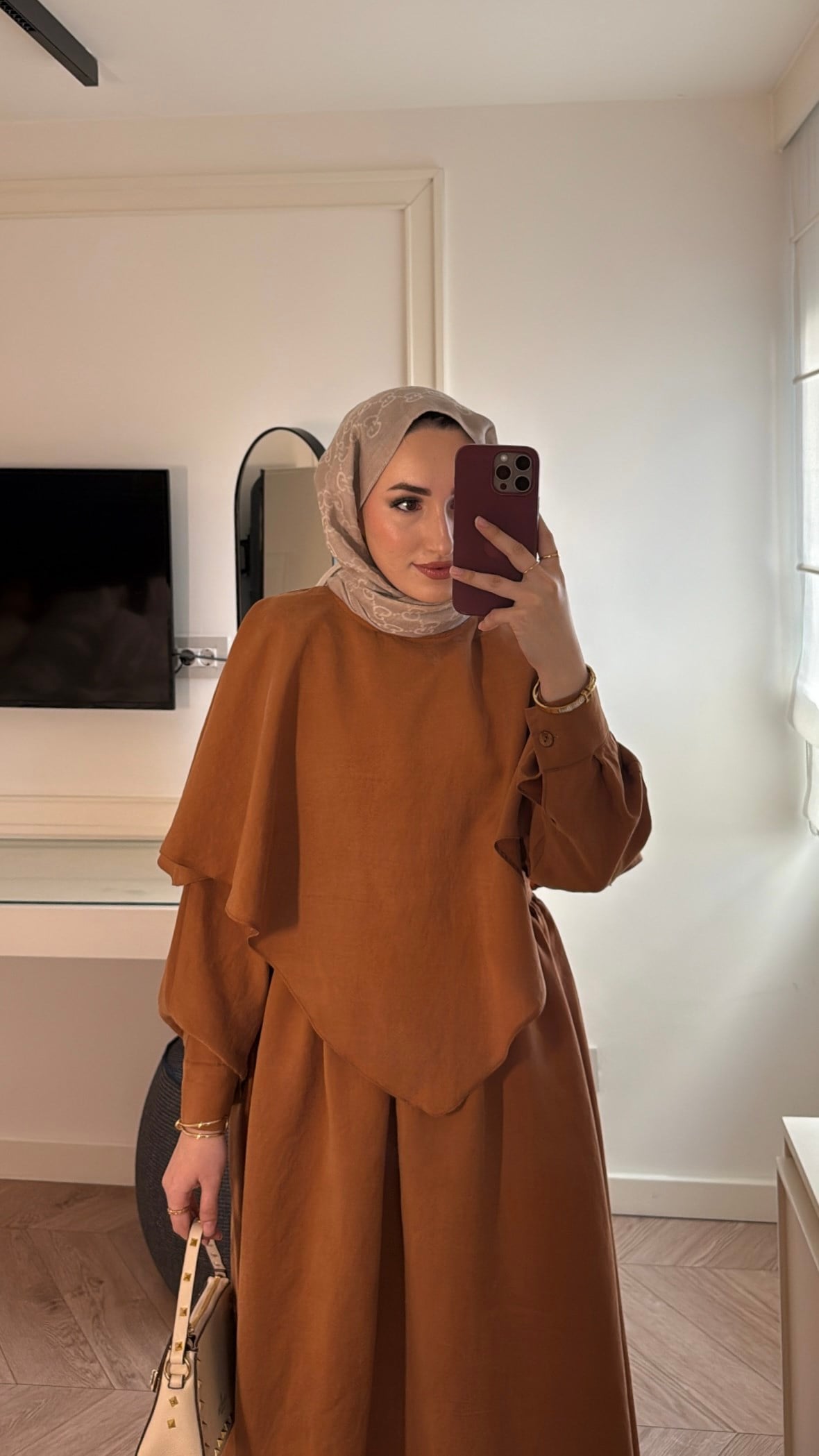 Grose Pelerin Detaylı Elbise - Kiremit