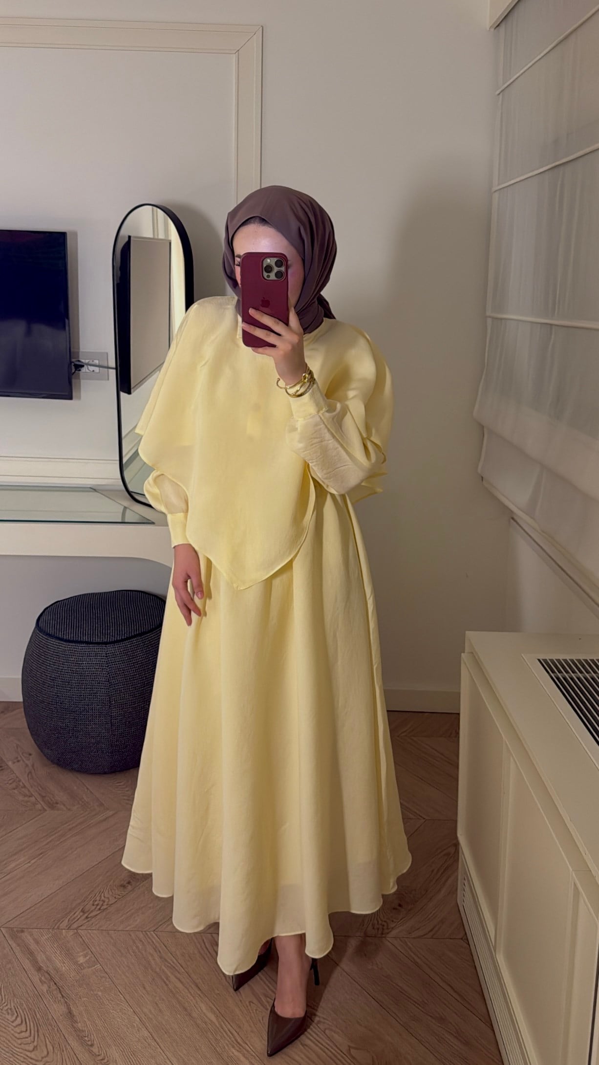 Grose Pelerin Detaylı Elbise - Sarı