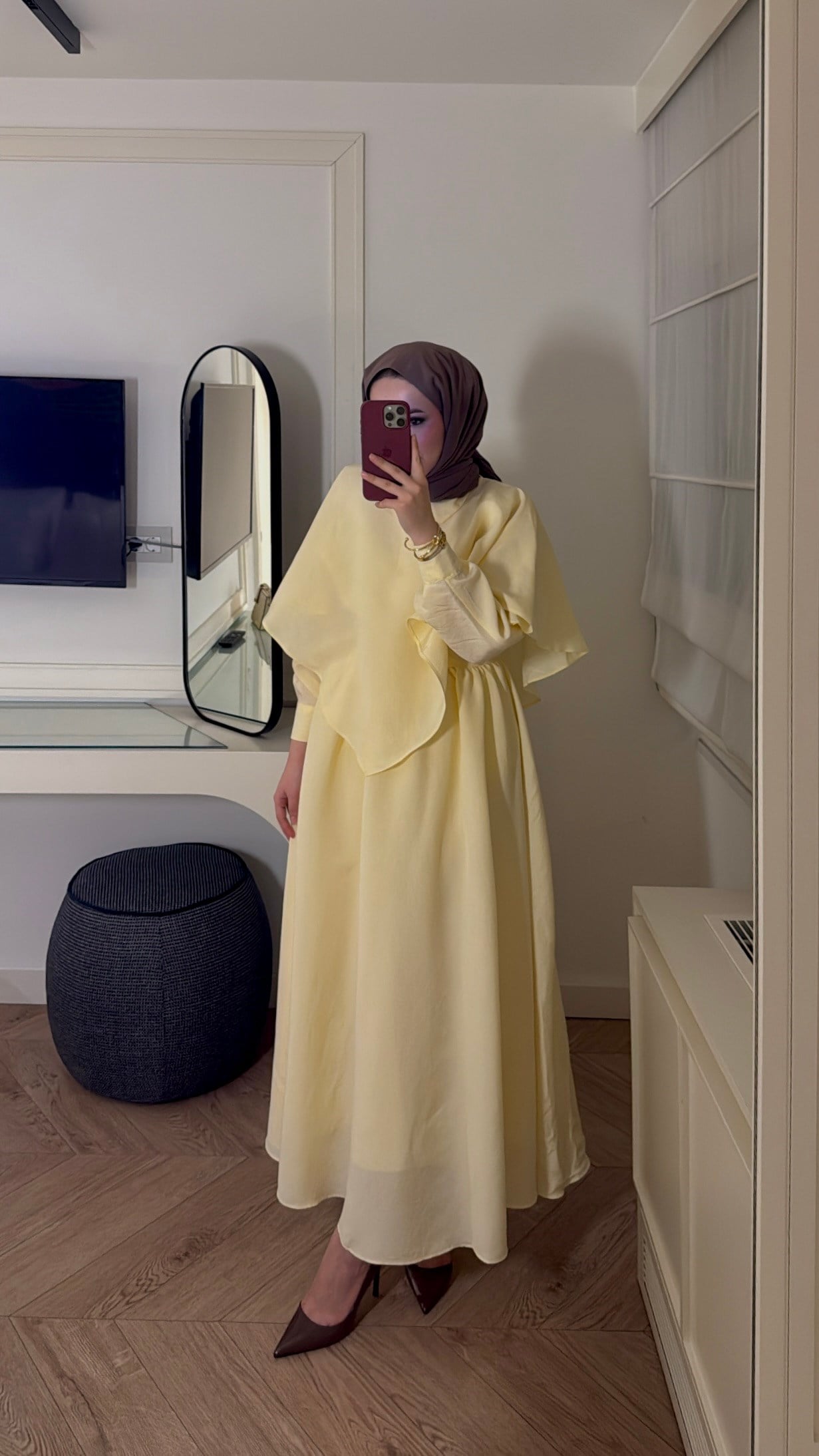 Grose Pelerin Detaylı Elbise - Sarı