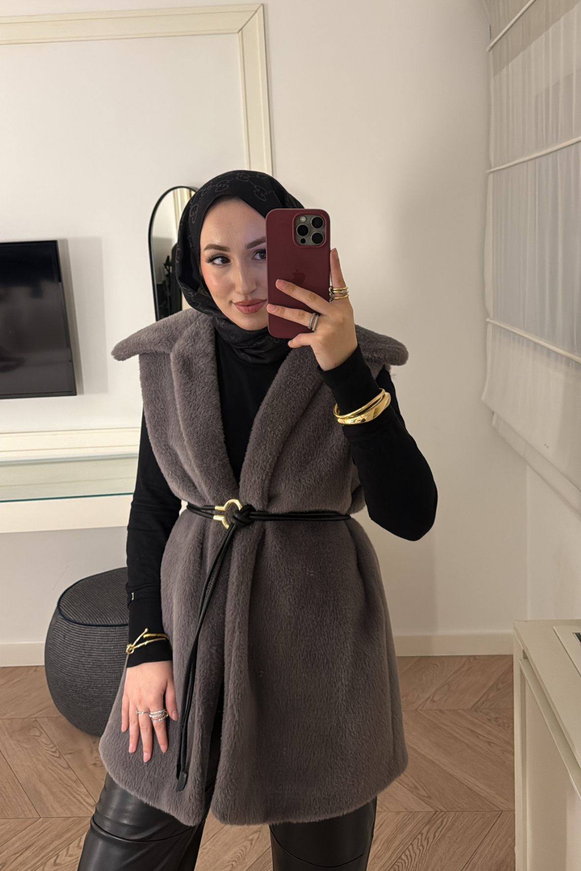 Kemer Detaylı Yakalı Angora Kürk Yelek-Gri