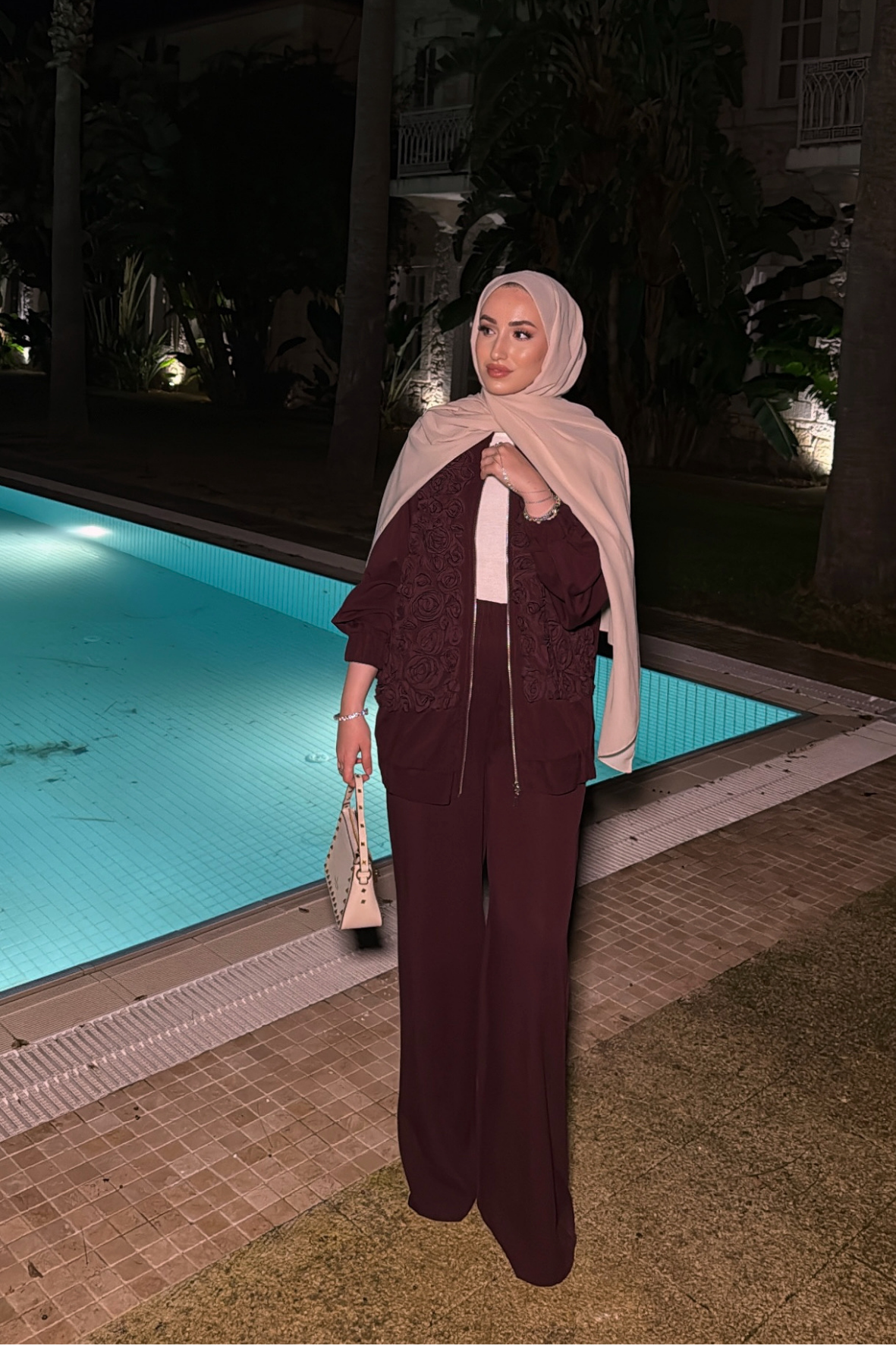 Kepy Kabartma Güllü Pantolonlu Takım - Burgonya