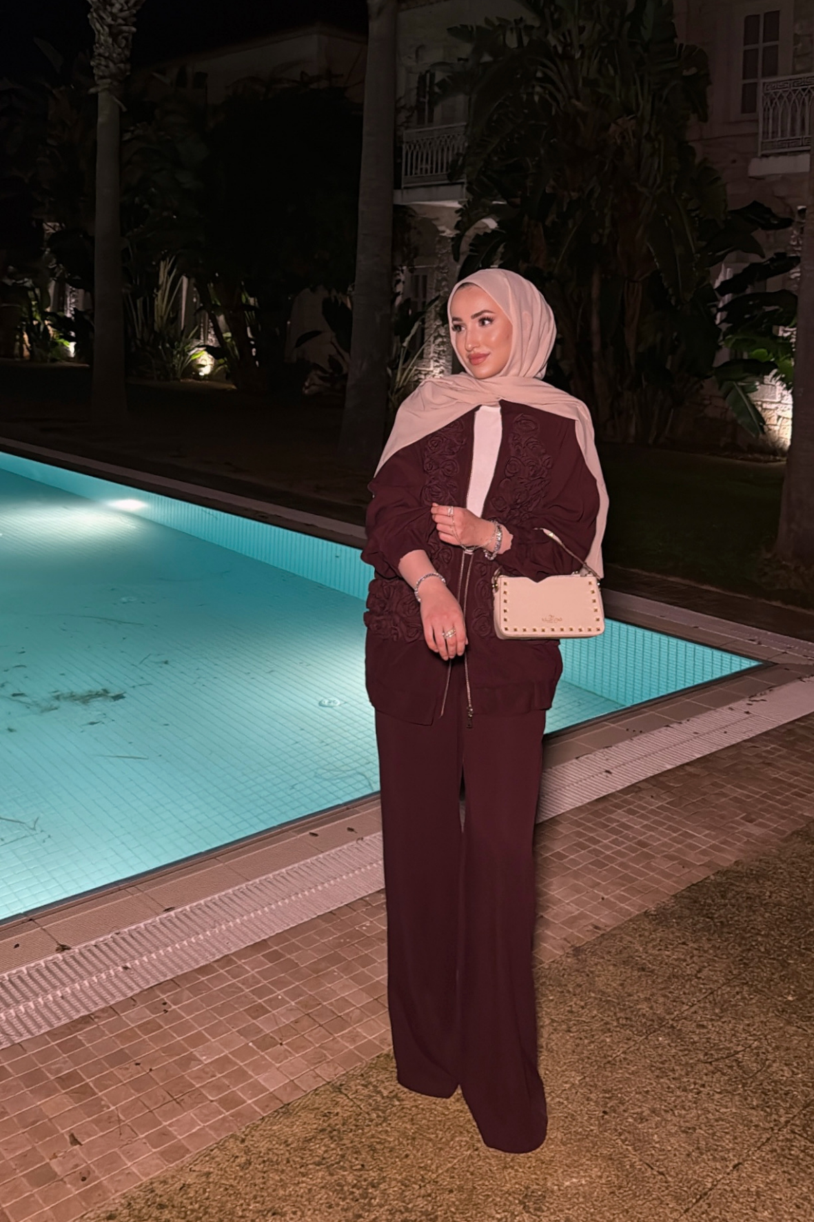 Kepy Kabartma Güllü Pantolonlu Takım - Burgonya