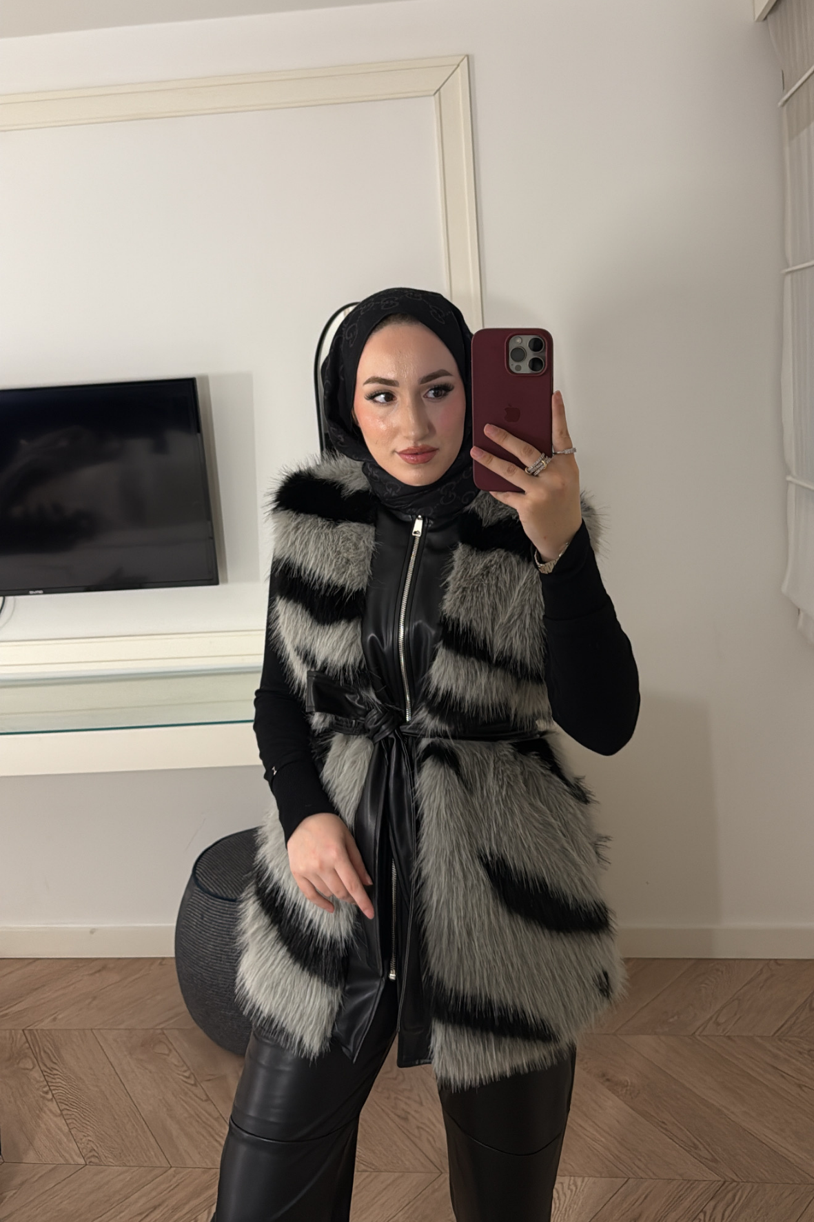Leila Premium Desenli Kürk Yelek-Gri