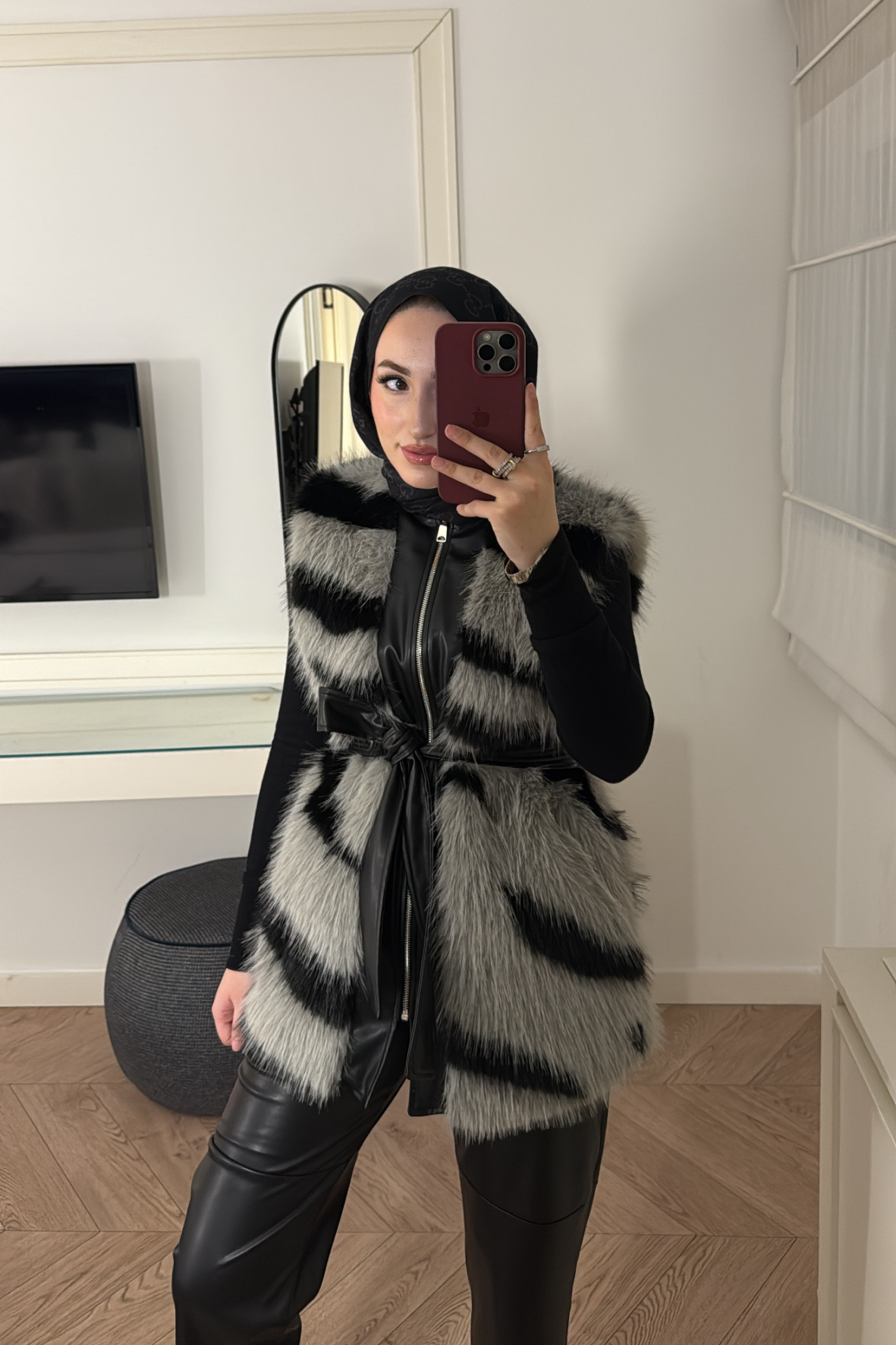 Leila Premium Desenli Kürk Yelek-Gri