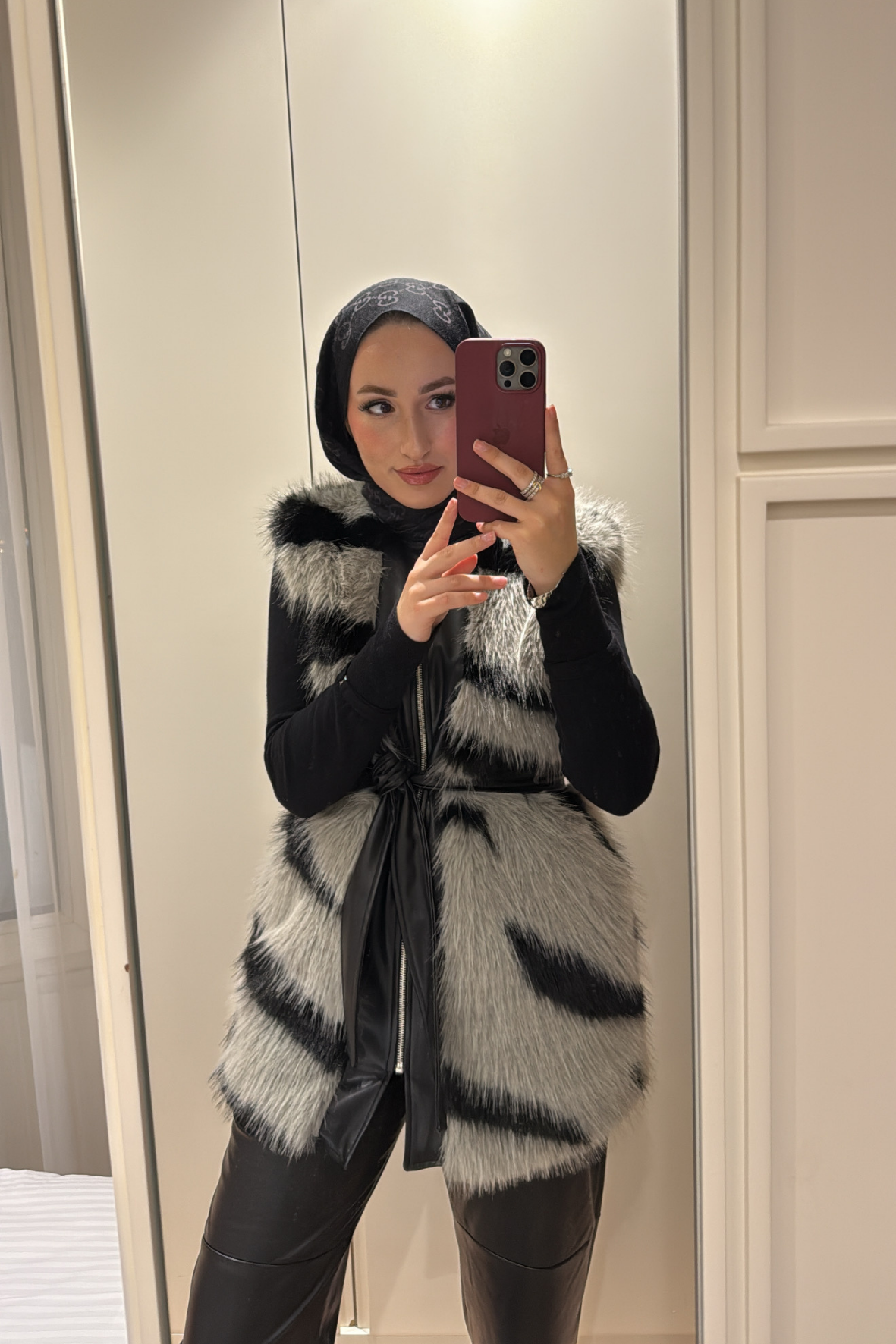 Leila Premium Desenli Kürk Yelek-Gri