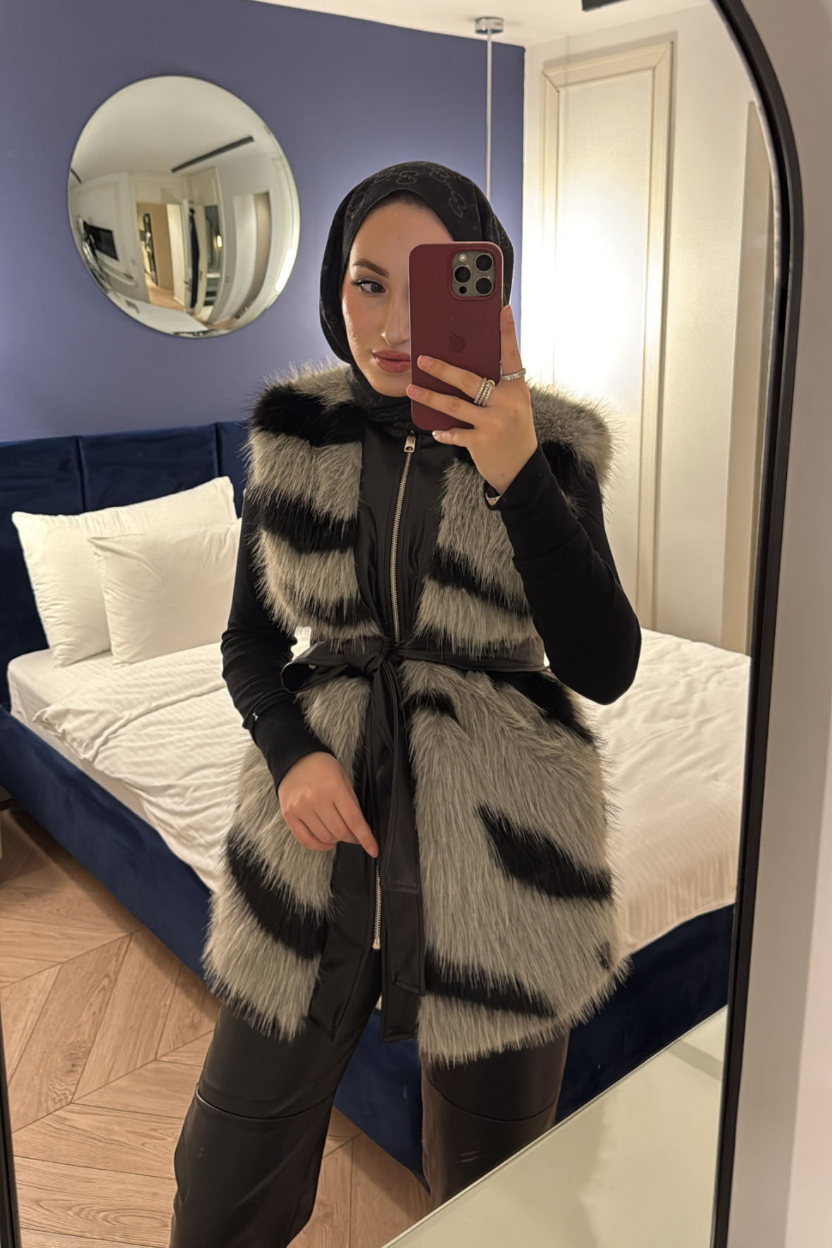Leila Premium Desenli Kürk Yelek-Gri