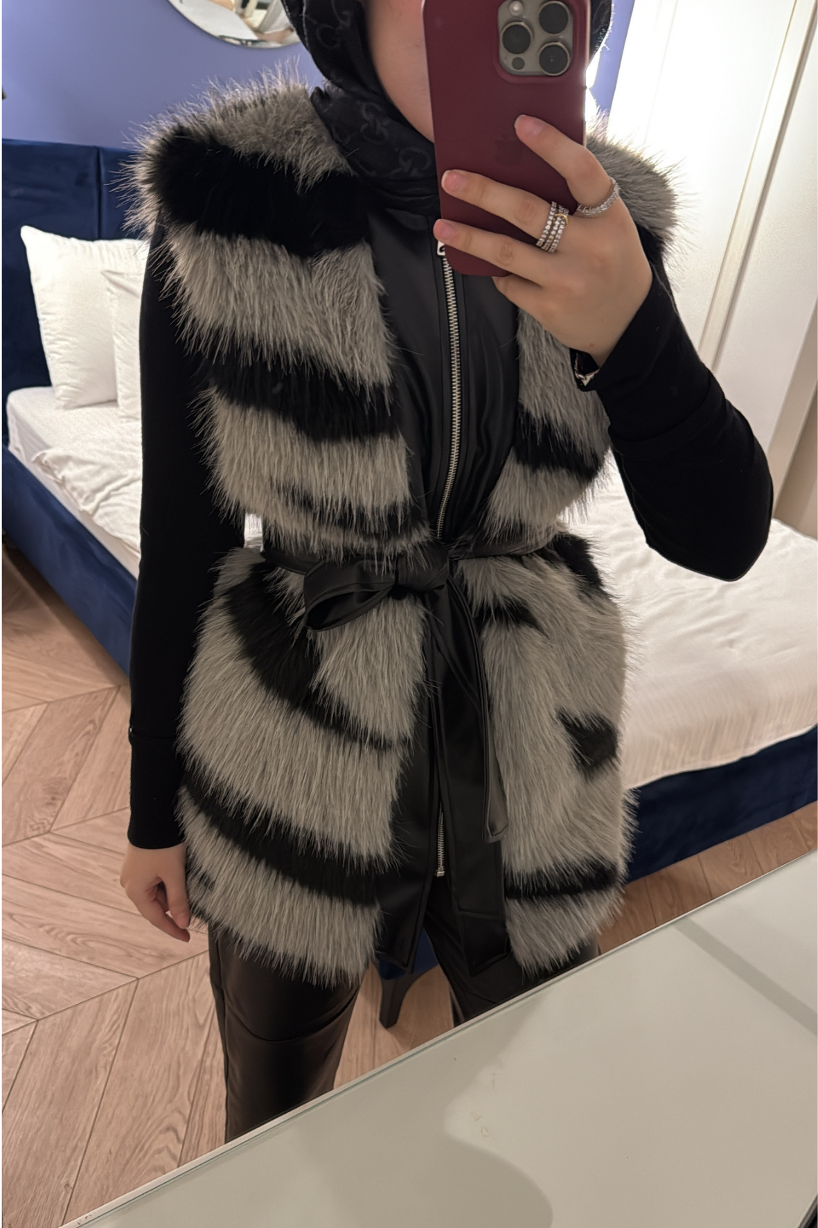 Leila Premium Desenli Kürk Yelek-Gri