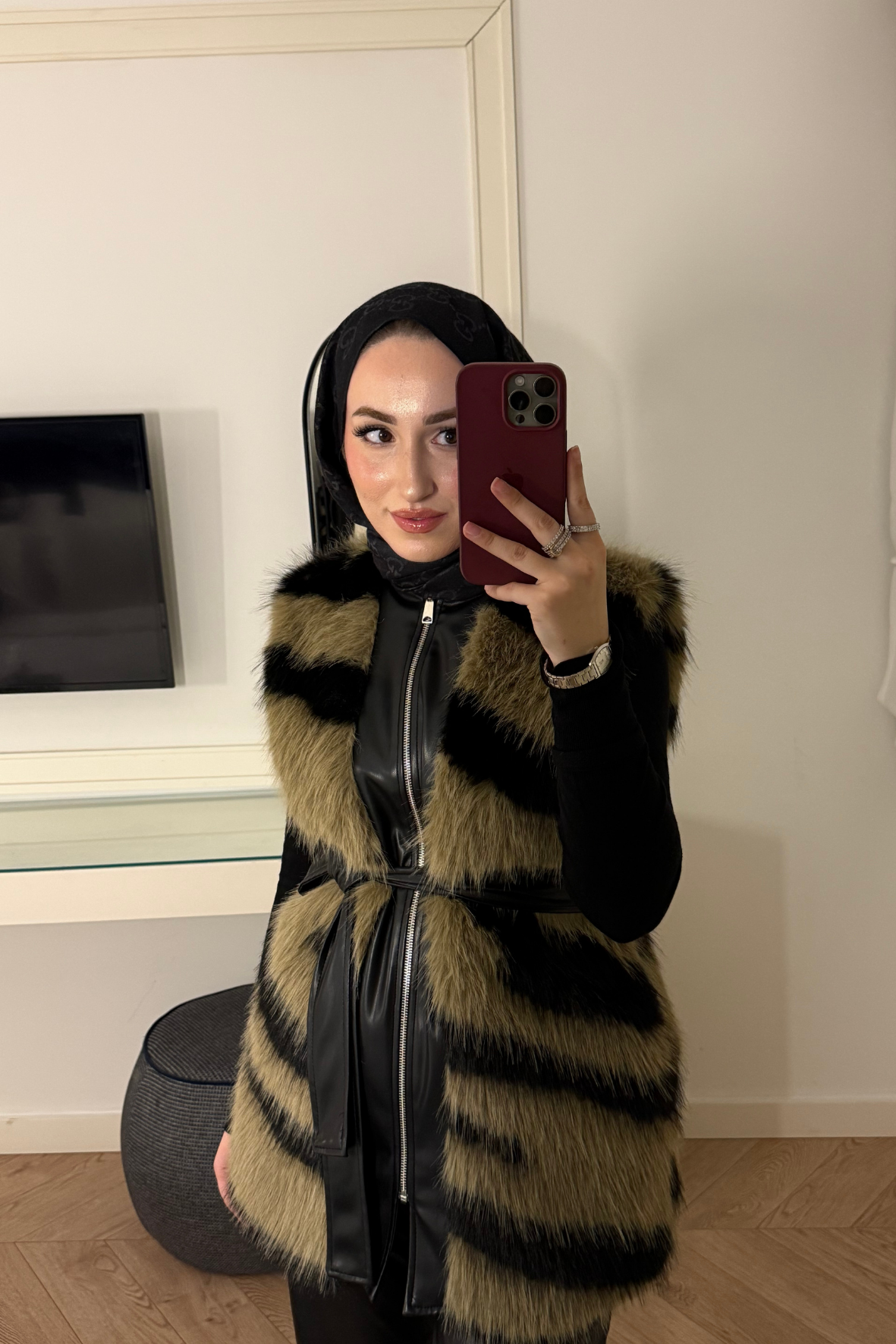 Leila Premium Desenli Kürk Yelek-Kahve