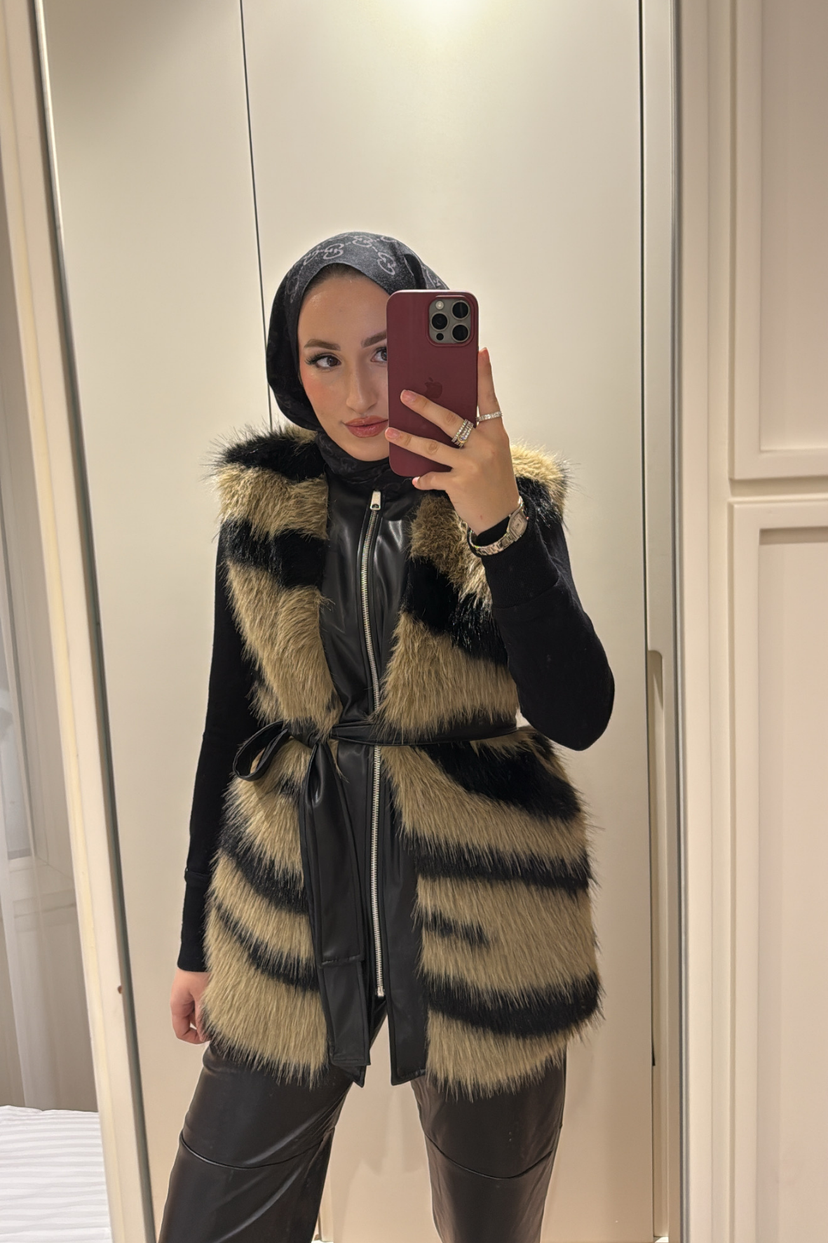 Leila Premium Desenli Kürk Yelek-Kahve