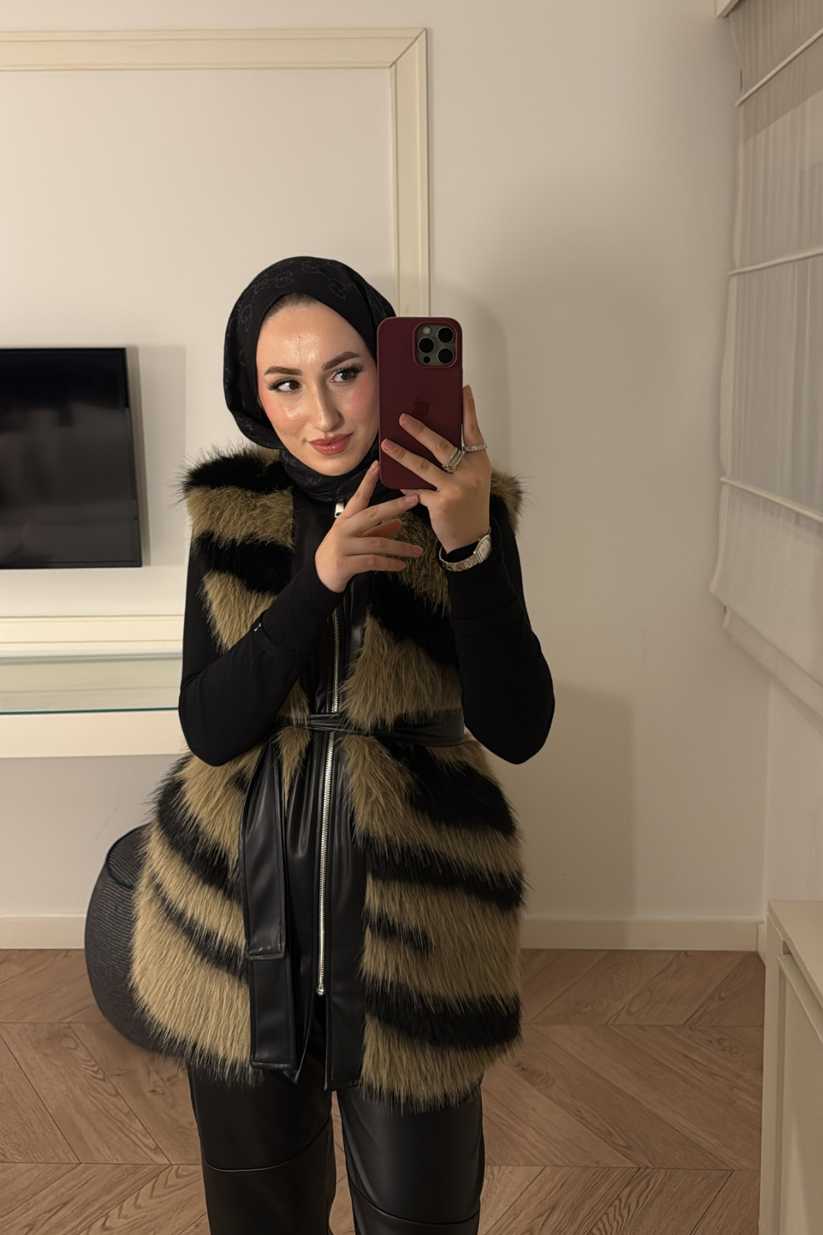 Leila Premium Desenli Kürk Yelek-Kahve
