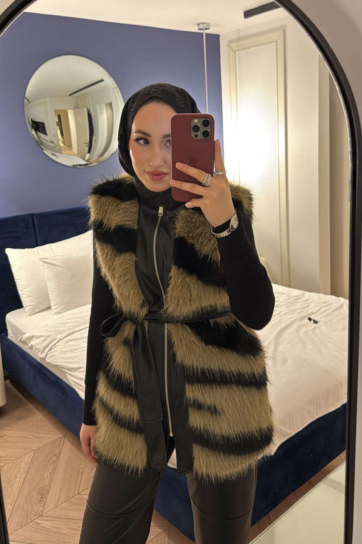 Leila Premium Desenli Kürk Yelek-Kahve