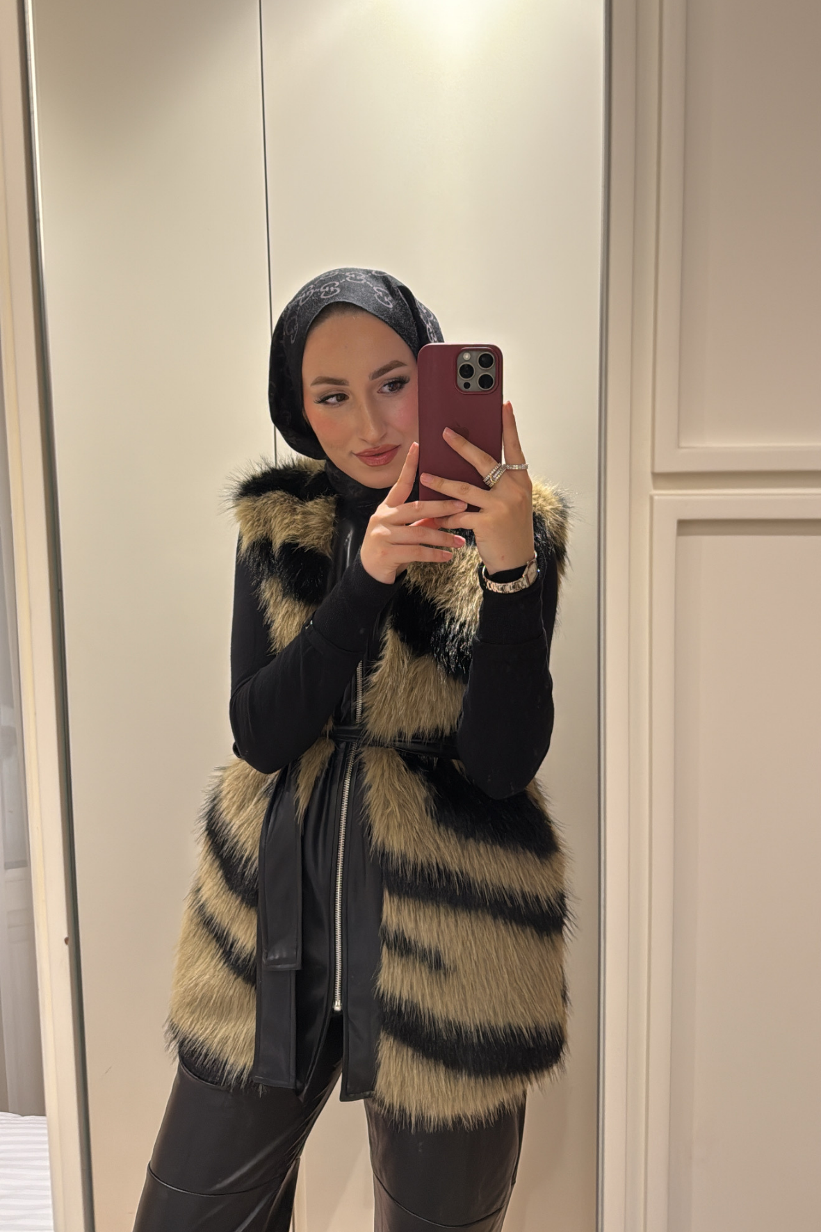 Leila Premium Desenli Kürk Yelek-Kahve