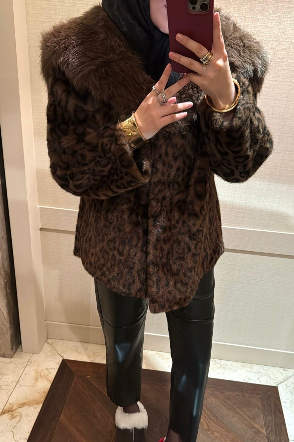 Leopar Desenli Alpaka Kürk Kahverengi