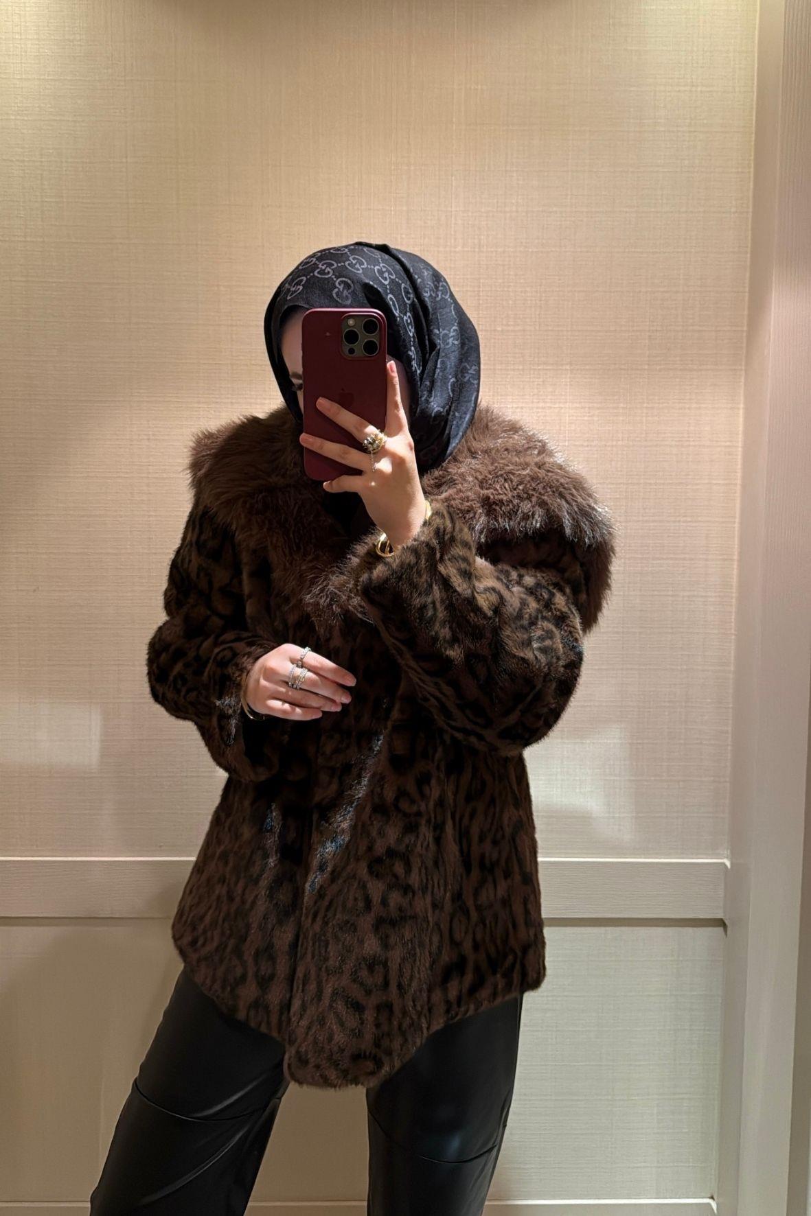 Leopar Desenli Alpaka Kürk Kahverengi