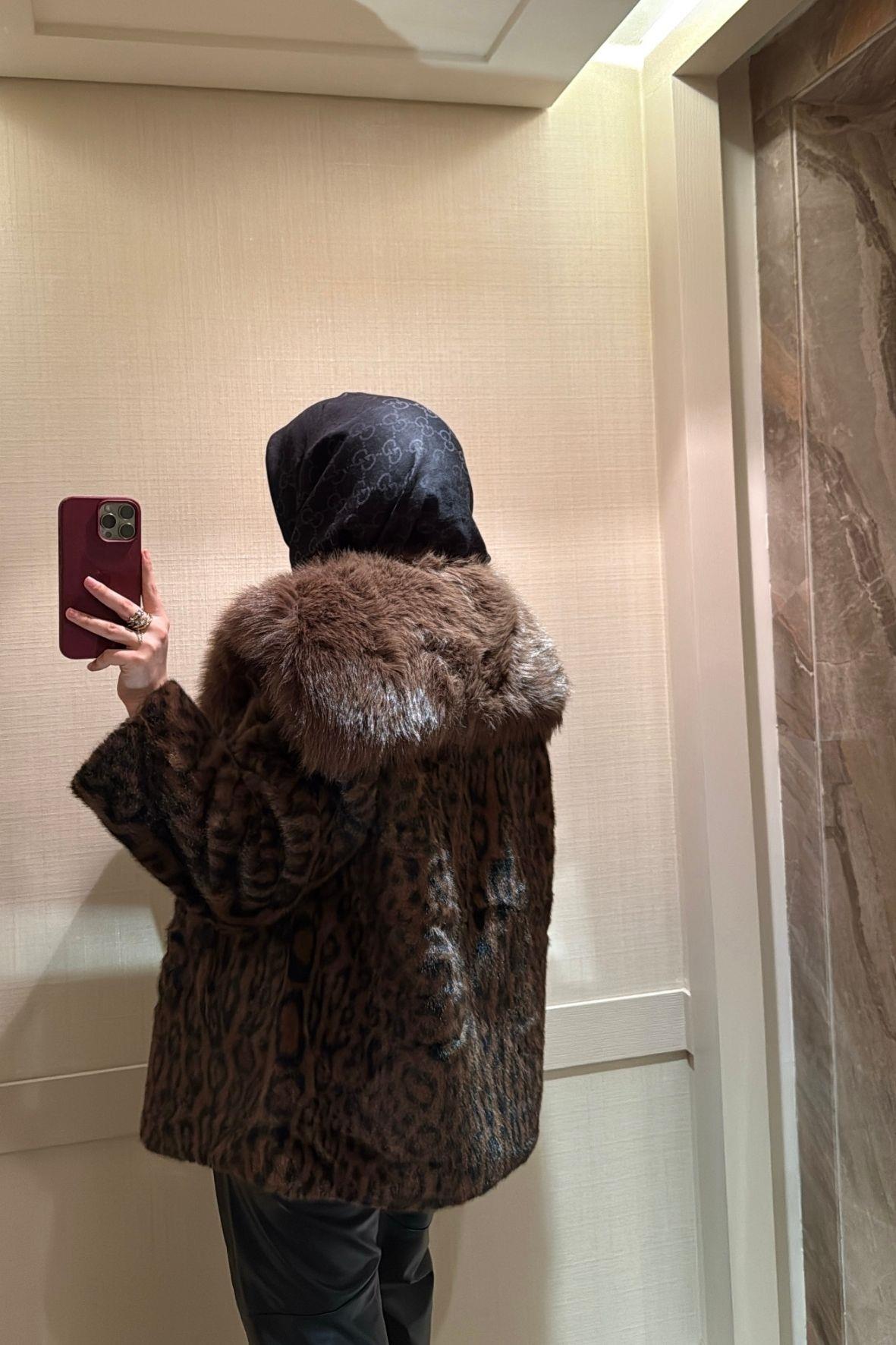 Leopar Desenli Alpaka Kürk Kahverengi
